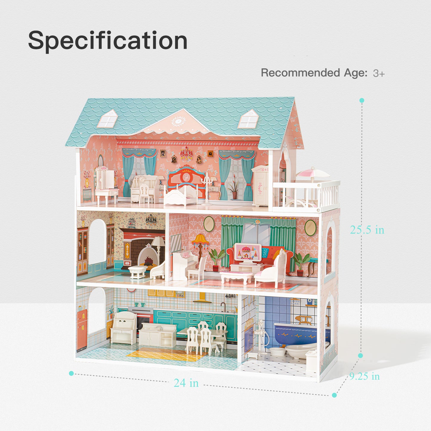 Colorful Modern Wooden Dollhouse with 28 Accessories for Kids 3+