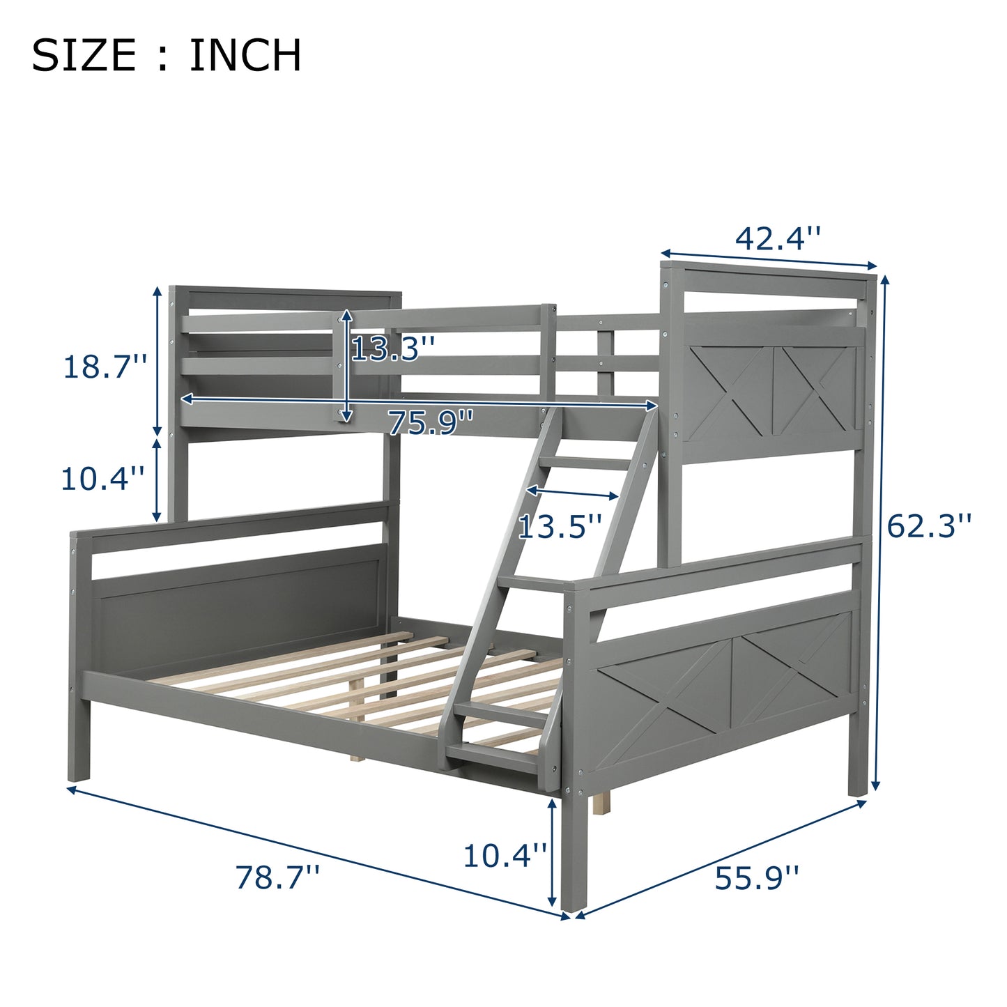 Gray Versatile Bunk Bed with Twin Loft and Full Bottom-Bunk Safety Features