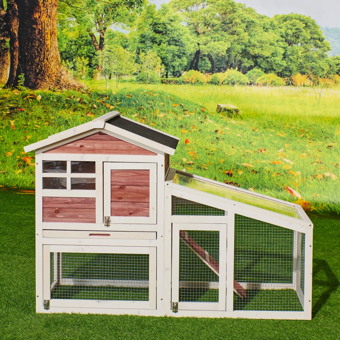 Rabbit Hutch Indoor Outdoor, Wooden Chicken Coop, Bunny Cage Hen House with Run, Ventilation Door, Removable Tray, Ramp, Sunlight Panel, Backyard Garden Animals Pet Cage Auburn