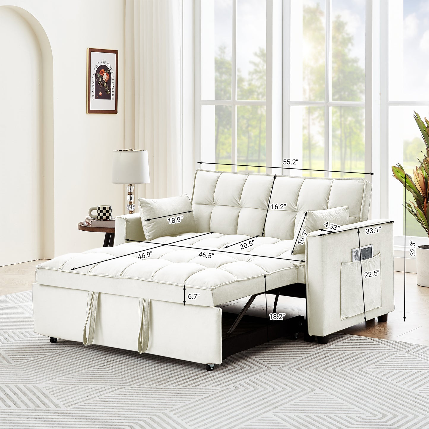 Sleeper Sofa Couch w/Pull Out Bed, 55" Modern Velvet Convertible Sleeper Sofa Bed, Small Love seat Sofa Bed w/Pillows & Side Pockets for Small Space, Living Room, Apartment, Cream White