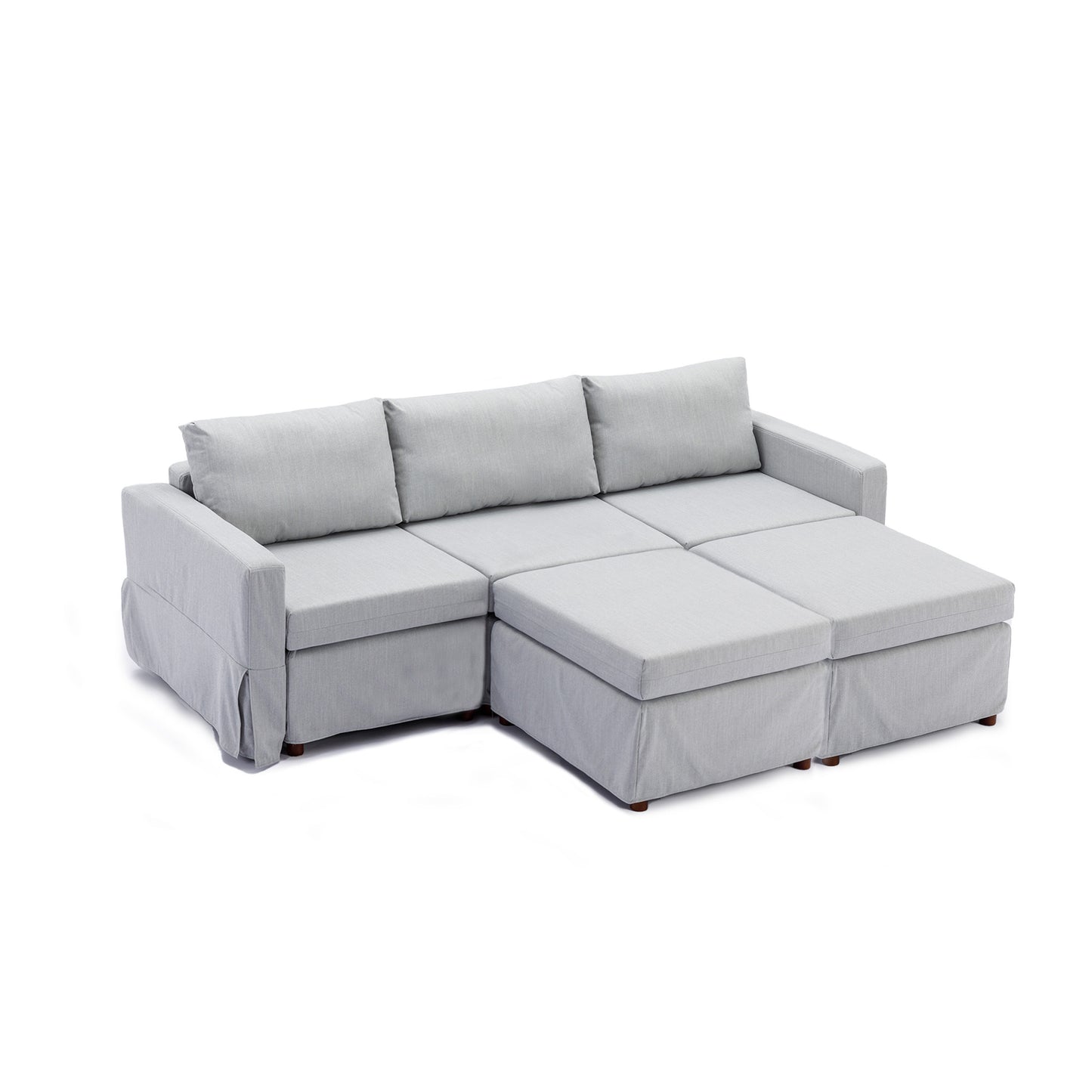 3 Seat Modular Sectional Sofa with Ottoman Set, Light Grey Linen with Removable Washable Cushions