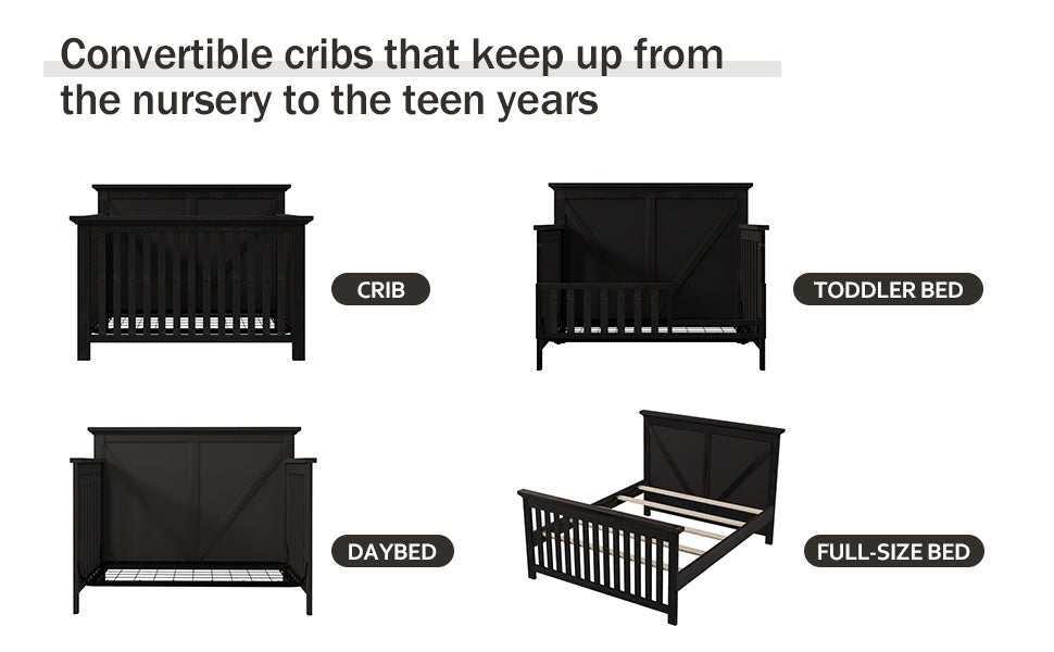 Rustic Farmhouse Style Blackwash 4-in-1 Convertible Baby Crib - Converts to Toddler Bed, Daybed and Full-Size Bed, Coffee