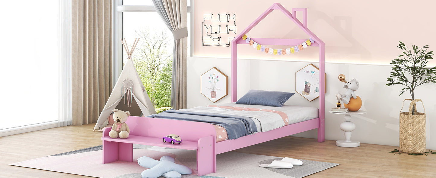 Twin Size Wood Platform Bed with House-shaped Headboard and Footboard Bench,Pink