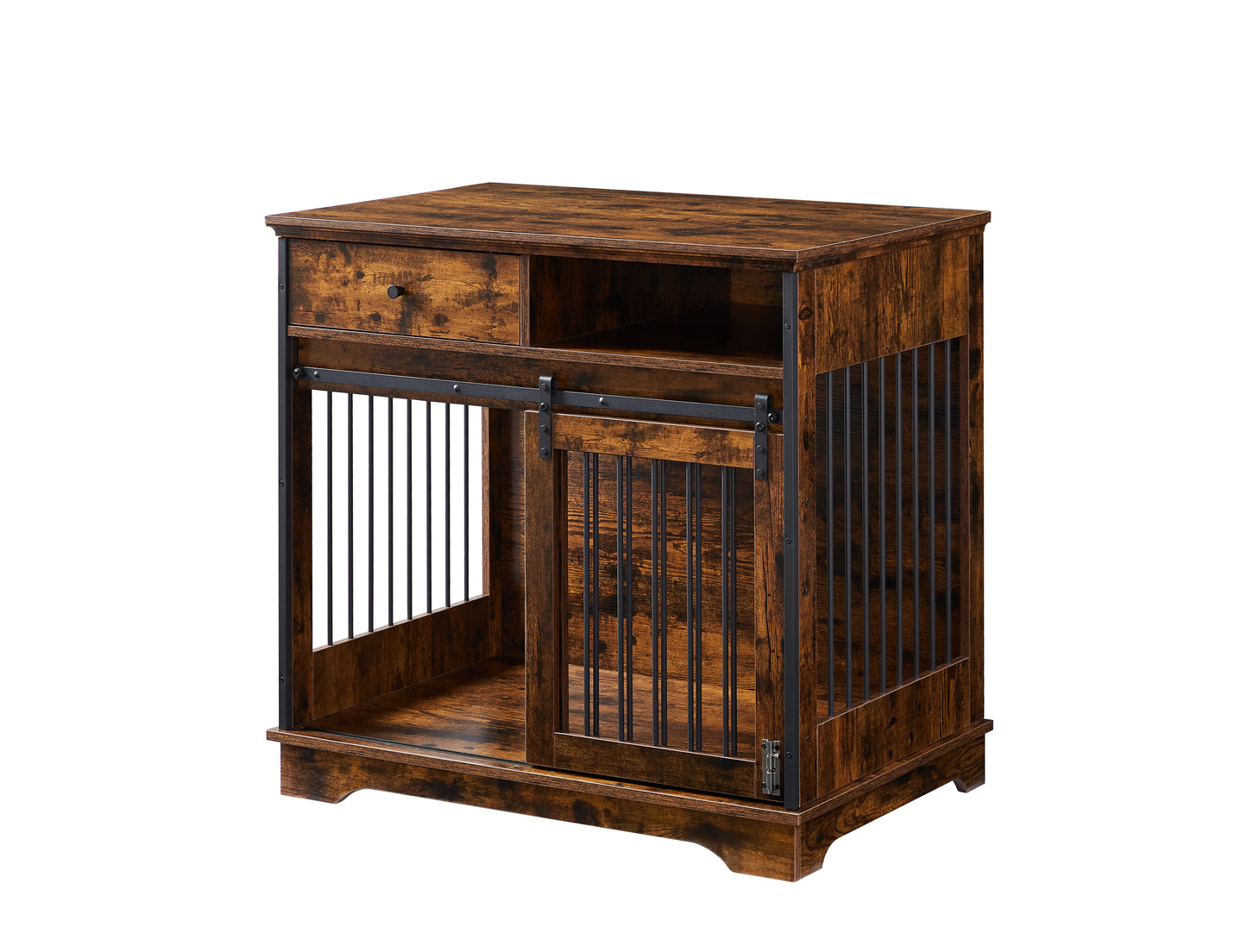 Sliding door dog crate with drawers. Rustic Brown, 35.43'' W x 23.62'' D x 33.46'' H