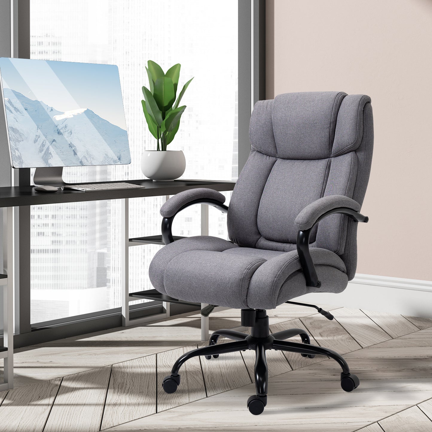 Vinsetto High Back Big and Tall Executive Office Chair 484lbs with Wide Seat, Computer Desk Chair with Linen Fabric, Adjustable Height, Swivel Wheels, Light Grey