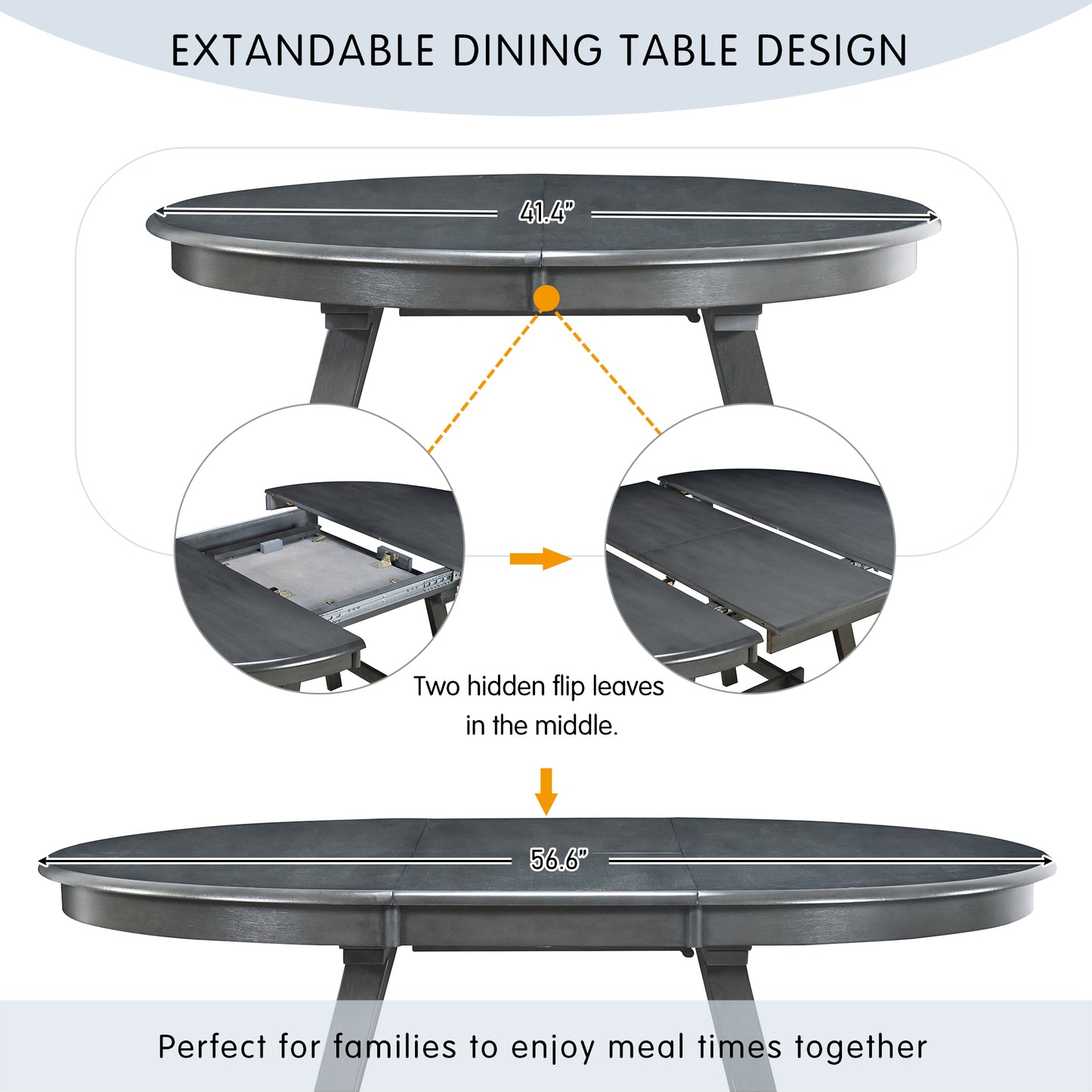 TREXM 5-Piece Wood Dining Table Set Round Extendable Dining Table with 4 Dining Chairs, Dining Room Table Set for 4 person for Dining Room (Gray)