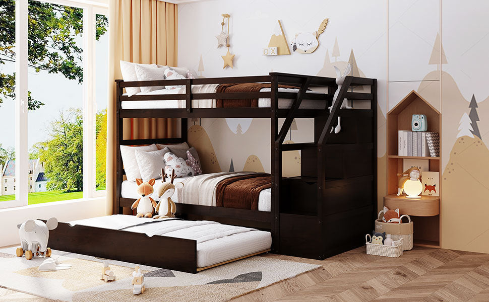 Elegantly Functional Espresso Twin Bunk Bed with Trundle, Stairs, and Storage