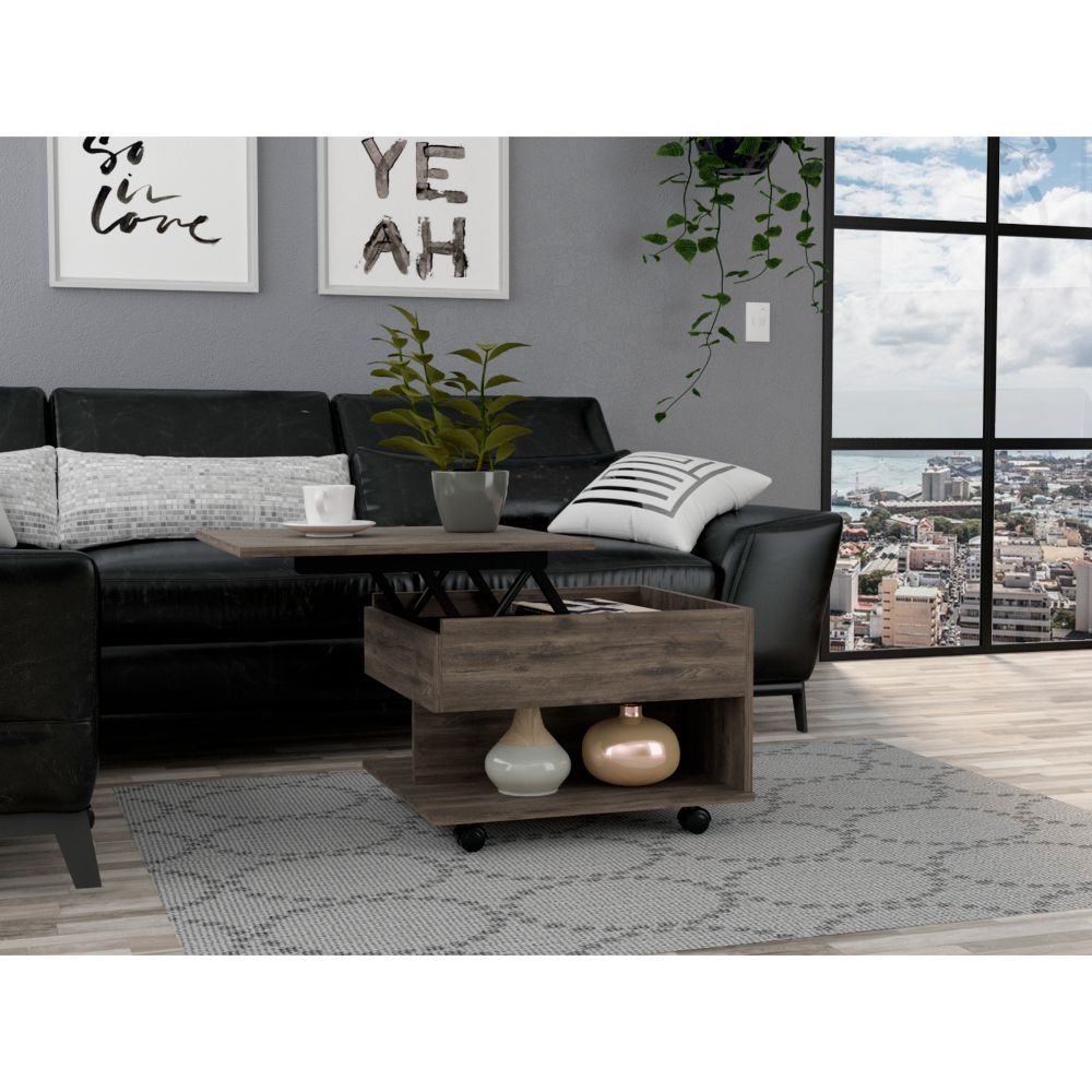 Elegant Dark Brown Coffee Table with Lift Top and Casters