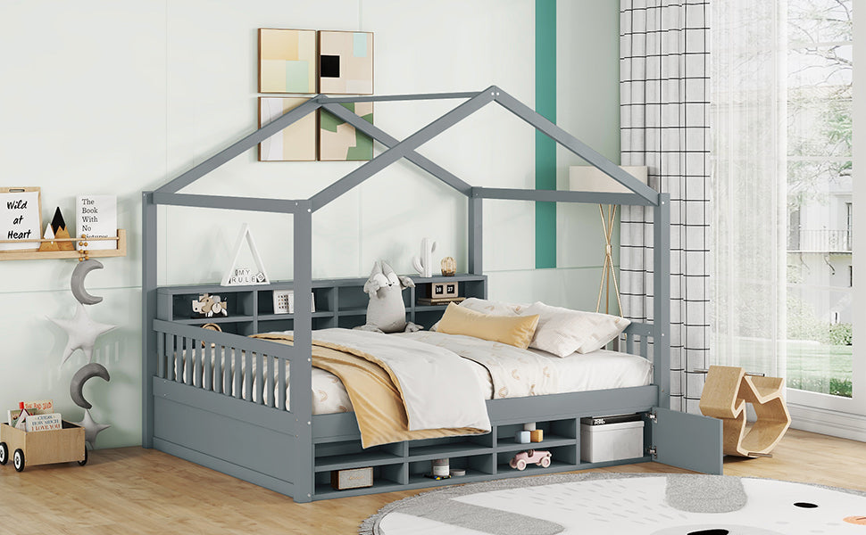 Full Size Wooden House Bed with Shelves and a Mini-cabinet, Gray