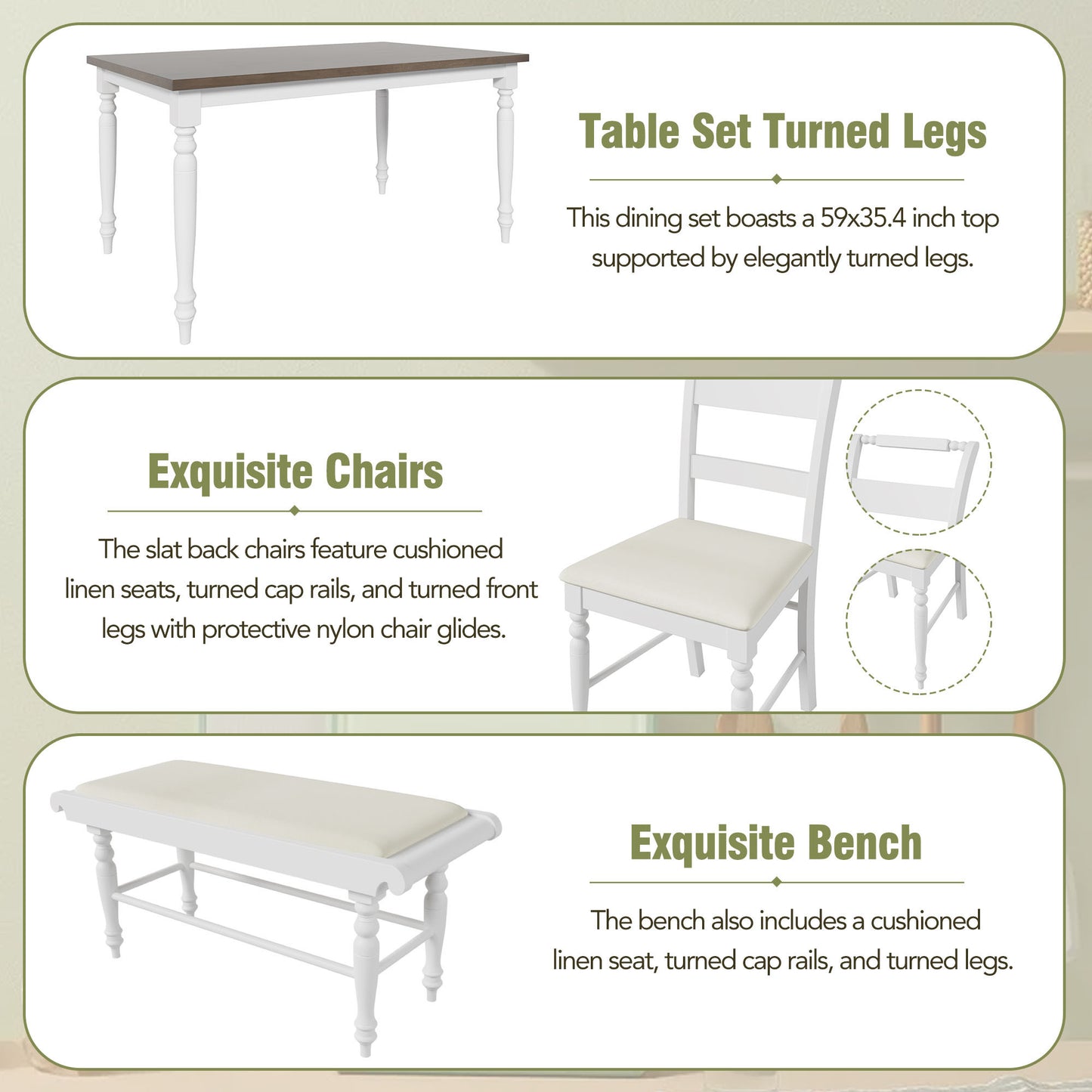 6-peice Dining Set with Turned Legs, Kitchen Table Set with Upholstered Dining Chairs and Bench,Retro Style, White