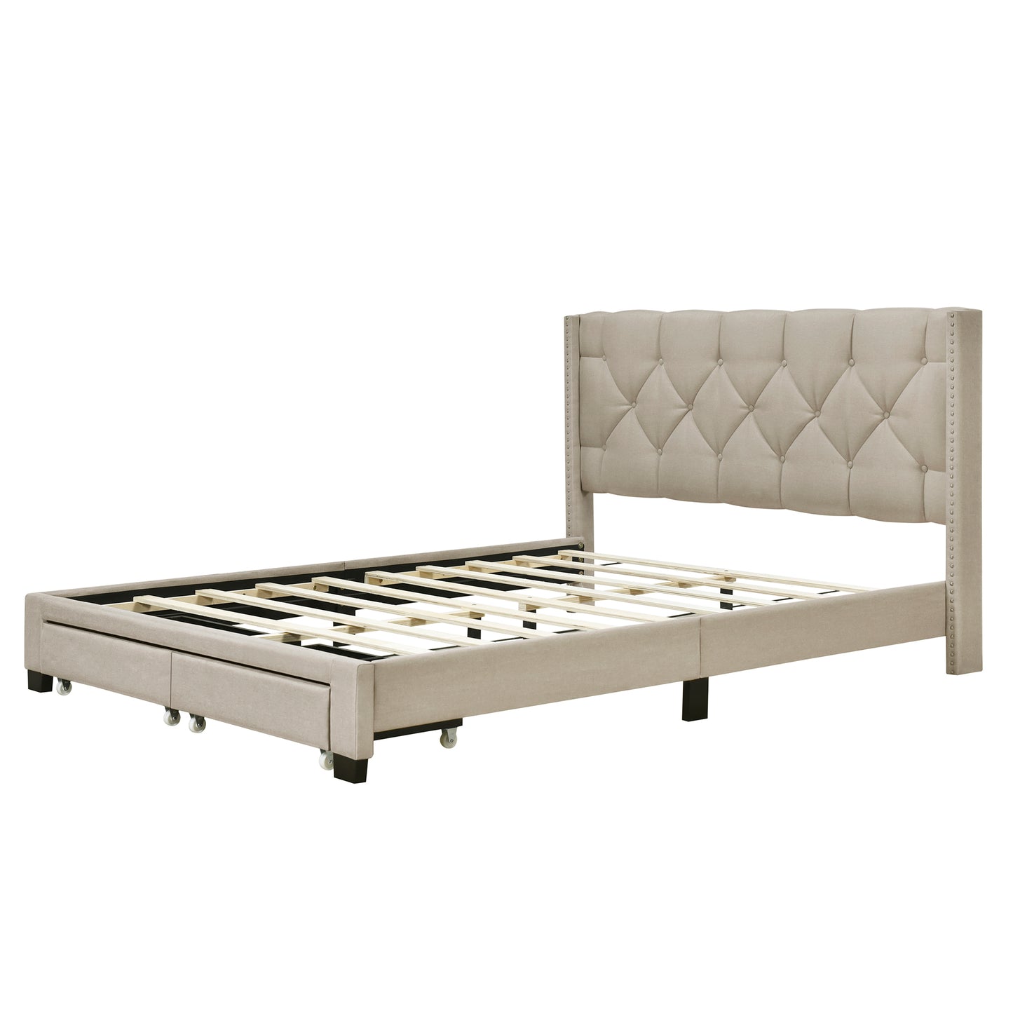 Queen Size Storage Bed Linen Upholstered Platform Bed with Two Drawers - Beige