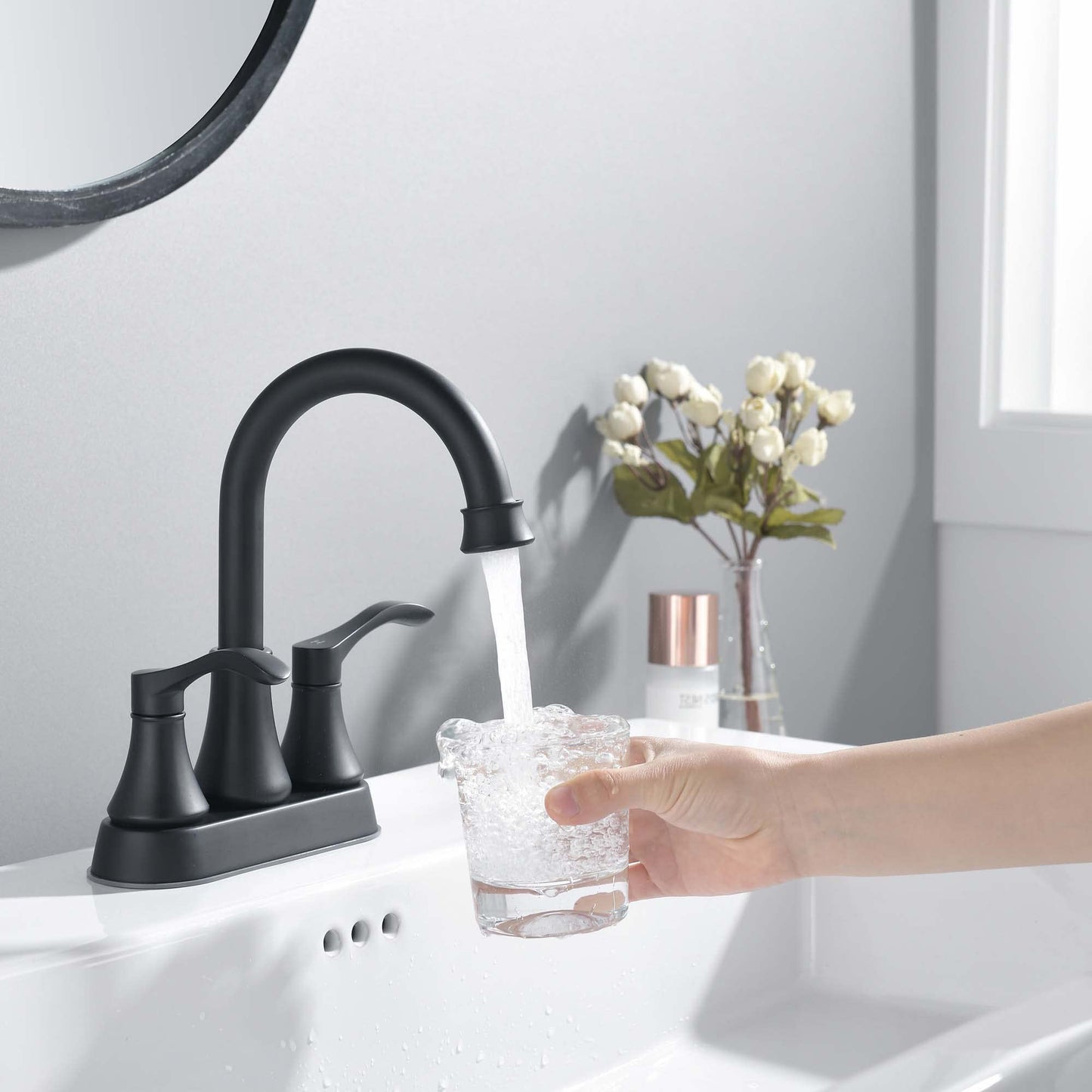 2-Handle Matte Black Bathroom Faucet with Stainless Steel Pop-Up Drain Sets for Centerset RV Bathroom