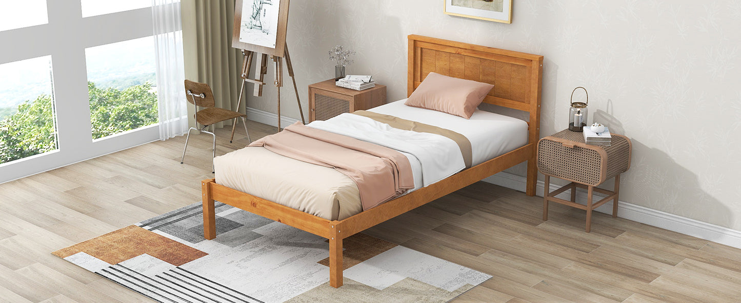 Platform Bed Frame with Headboard , Wood Slat Support , No Box Spring Needed ,Twin,Oak