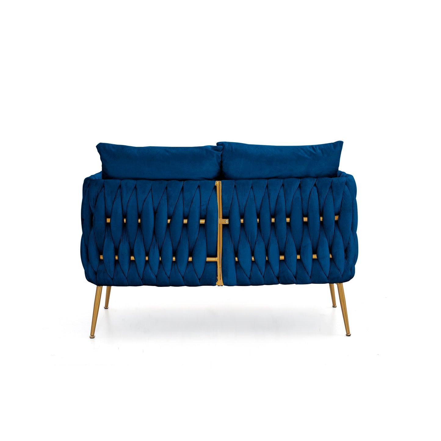 Luxurious 3-Piece Blue Velvet Living Room Set with Handwoven Tufted Backrest and Golden Metal Legs