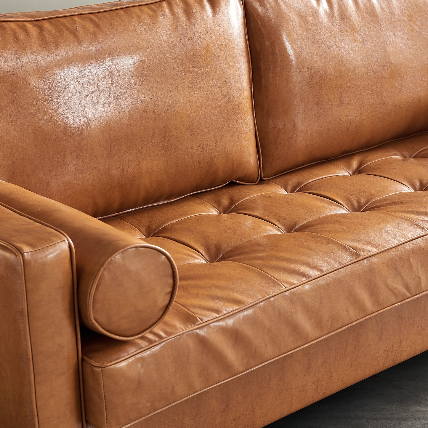 Modern Mid-Century Vegan Leather Sofa （Mocha）