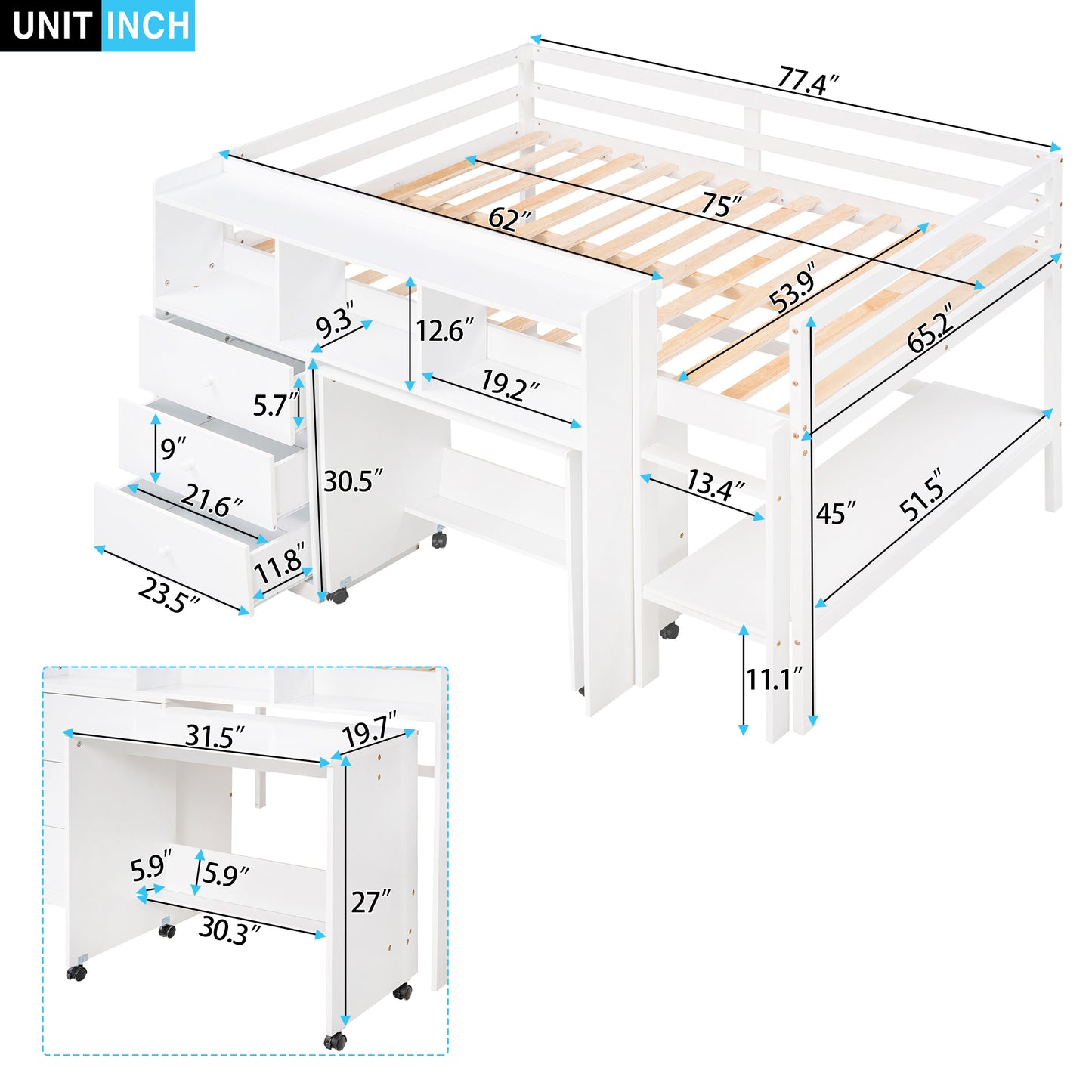 Full Size Low Loft Bed with Rolling Portable Desk, Drawers and Shelves, White(: GX000711AAK)