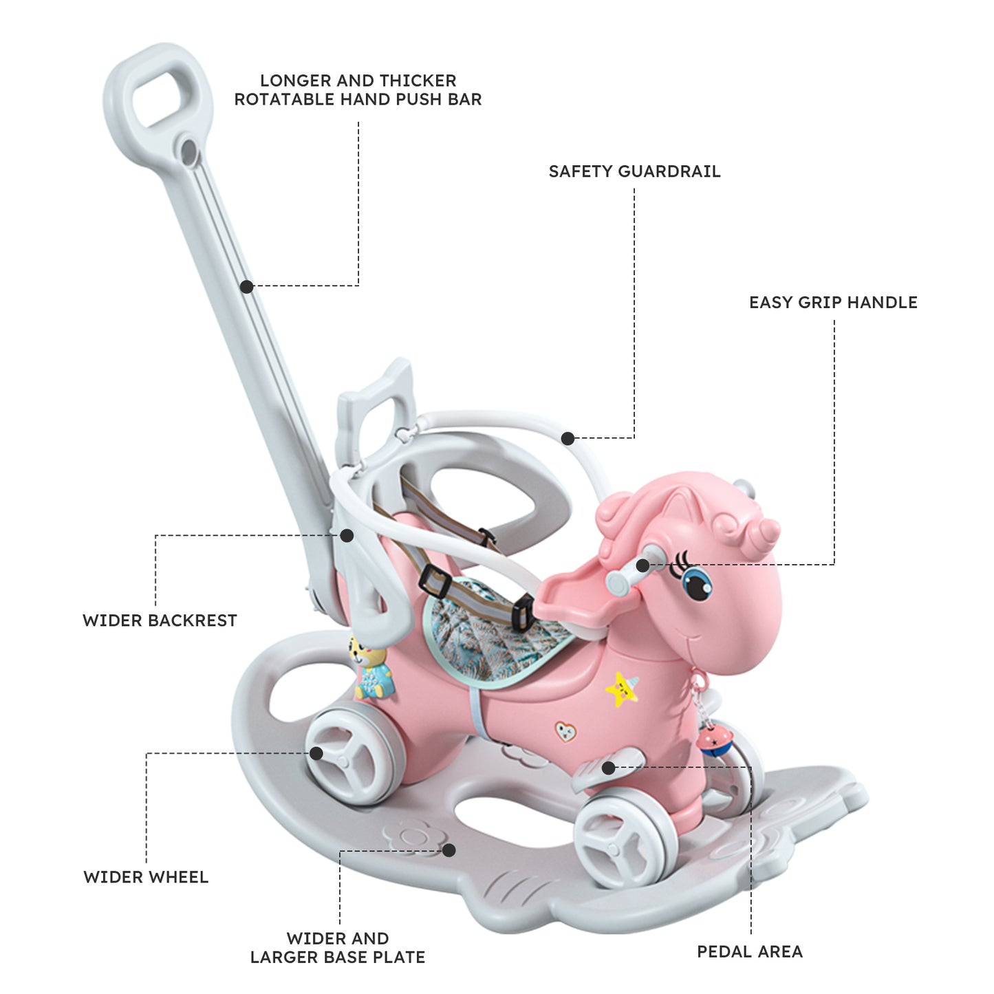 4-in-1 Unicorn Pink Rocking Horse and Ride-On Toy for Toddlers