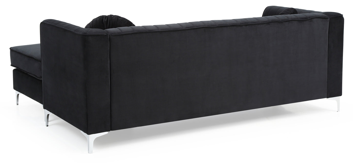 Delray Luxury Velvet Sofa Chaise - Black with Glam Style