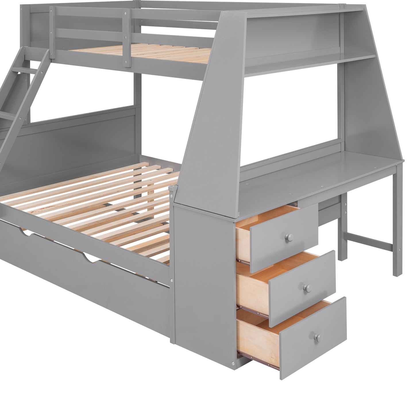 Enhanced Gray Twin over Full Bunk Bed with Trundle, Desk, and Storage