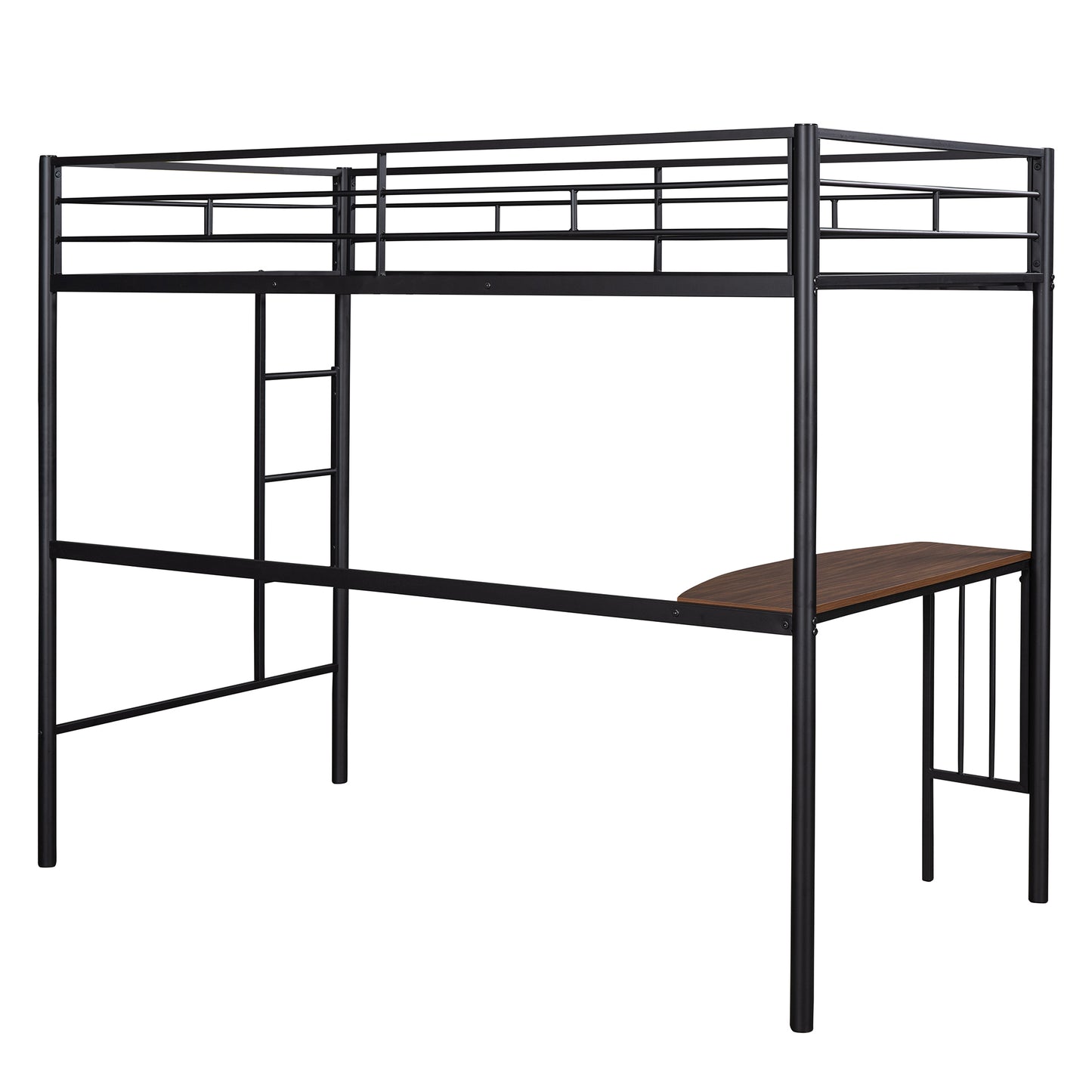 Black Metal Loft Bed with Built-in Study Desk, Ladder, and Guardrails for Twin Size Mattress