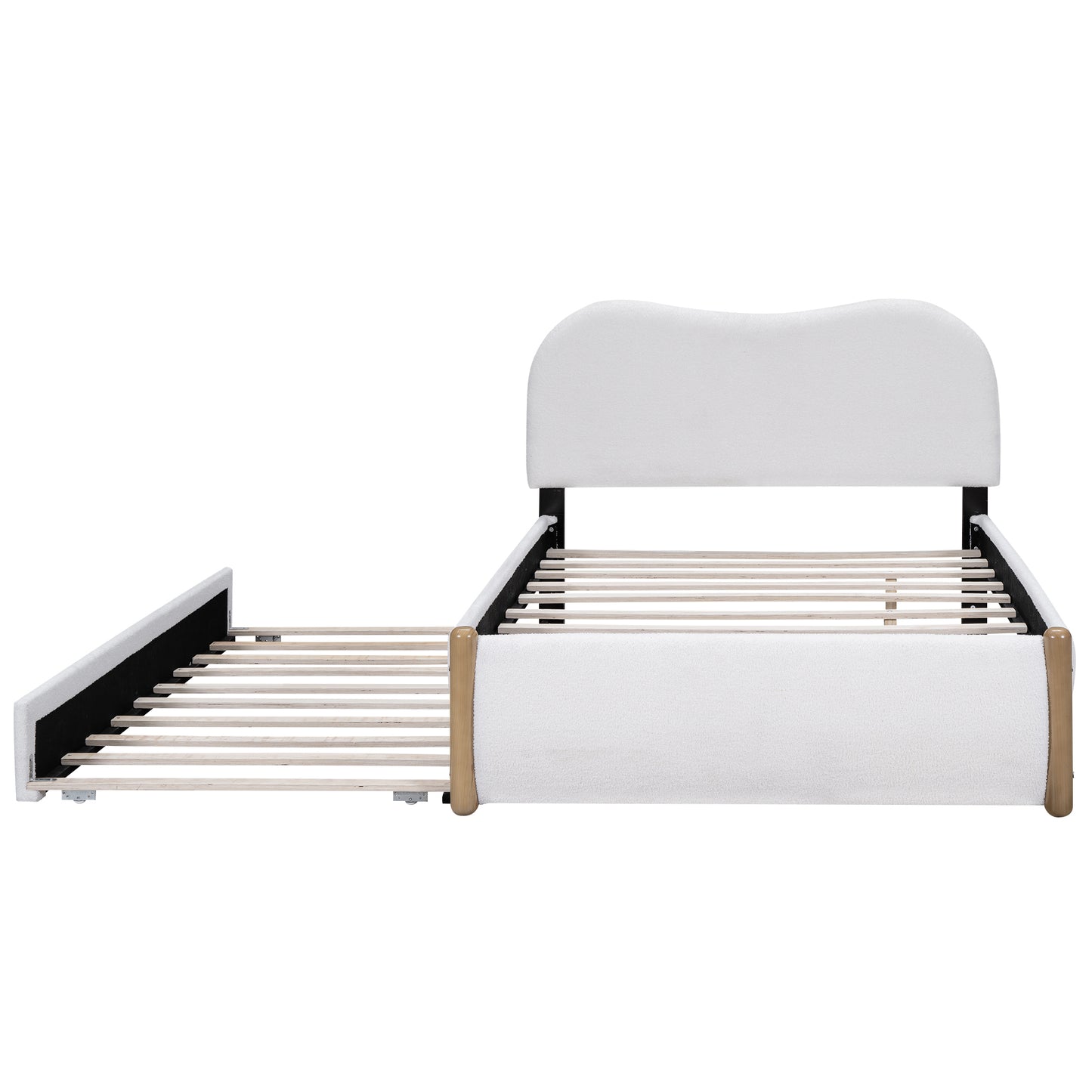 Full Size Upholstered Platform Bed with Wood Supporting Feet and Twin Size Trundle, White