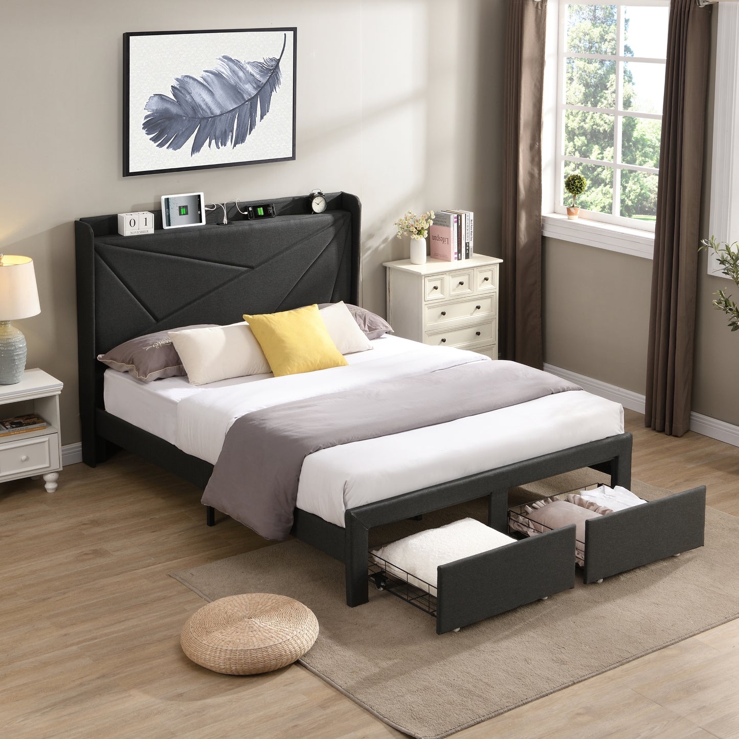 Full Size Bed Frame with 2 Storage Drawers, Upholstered Bed Frame with Wingback Headboard Storage Shelf Built-in USB Charging Stations and Strong Wood Slats Support, No Box Spring Needed, Dark Gray