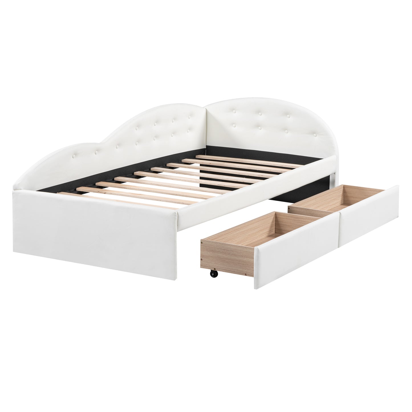 Twin Size PU Upholstered Tufted Daybed with Two Drawers and Cloud Shaped Guardrail, White