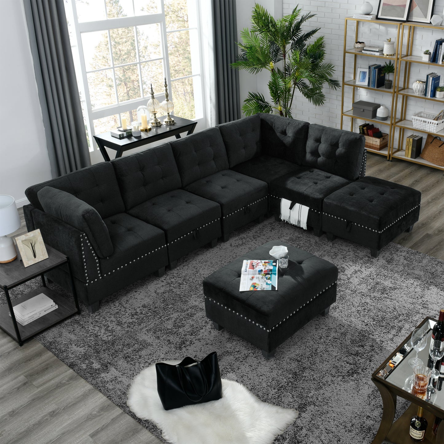 Customizable Black Velvet Sectional Sofa with Storage Space and DIY Assembly