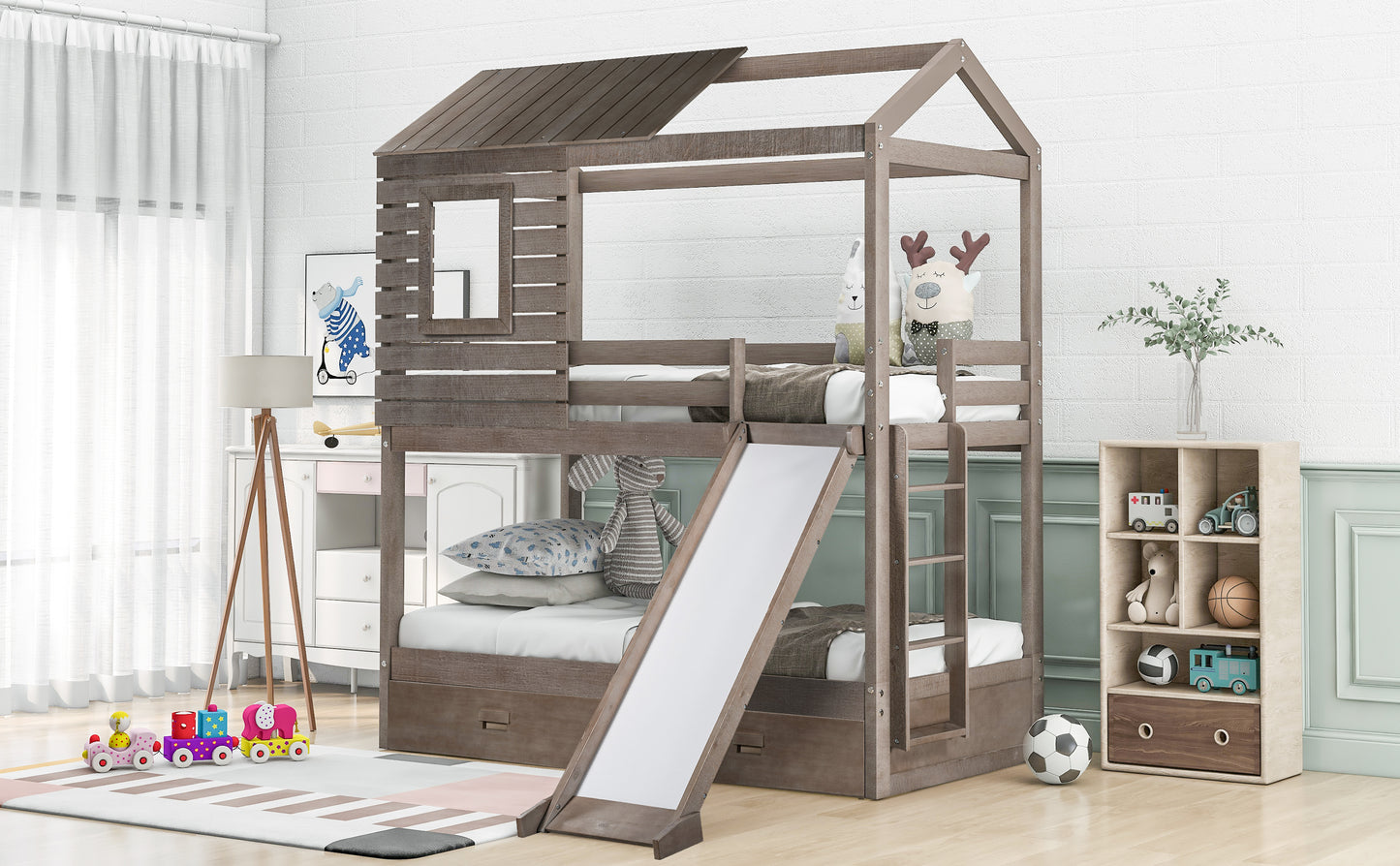 House-Shaped Twin Over Twin Bunk Bed with Slide, Storage Drawers, and Antique Gray Wood Finish