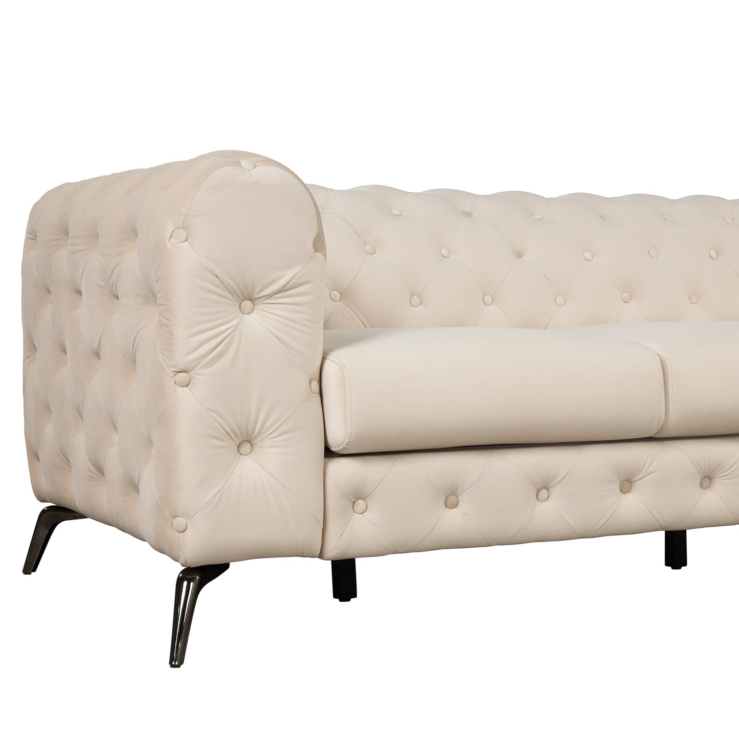 85.5 Beige Velvet Upholstered 3-Seater Sofa with Button Tufted Back