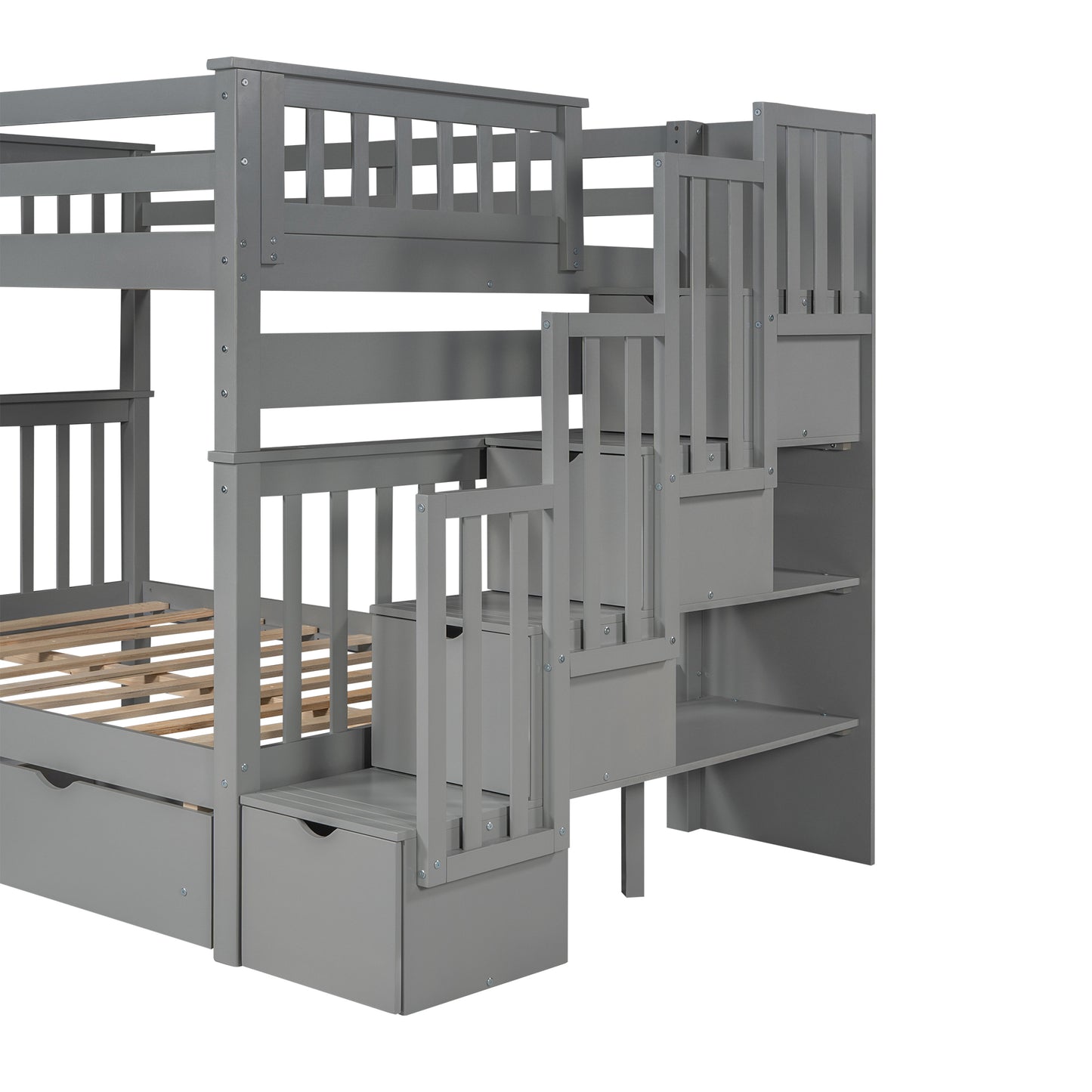 Gray Full Over Full Bunk Bed with Storage Drawers and Shelving