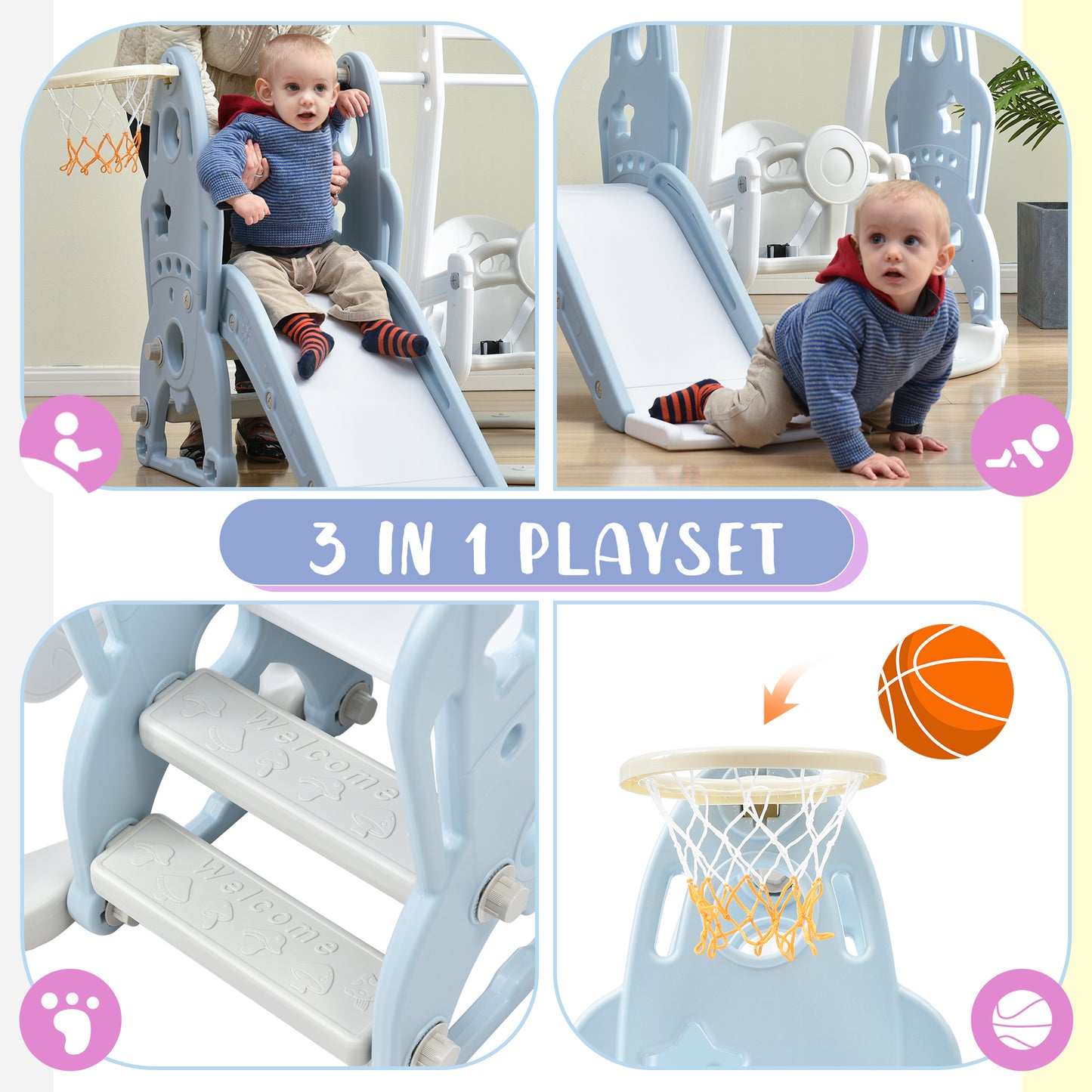 3-in-1 Toddler Slide, Swing, and Basketball Hoop Playset for Indoor & Outdoor