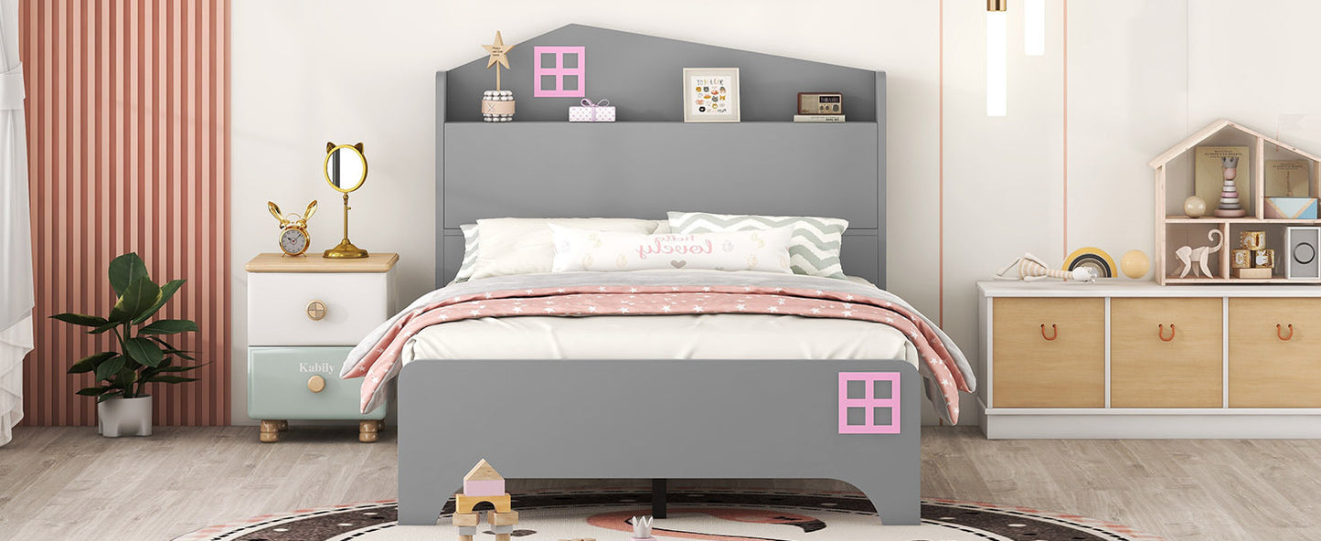 Wooden Twin Size House Bed with Storage Headboard ,Kids Bed with Storage Shelf,Grey