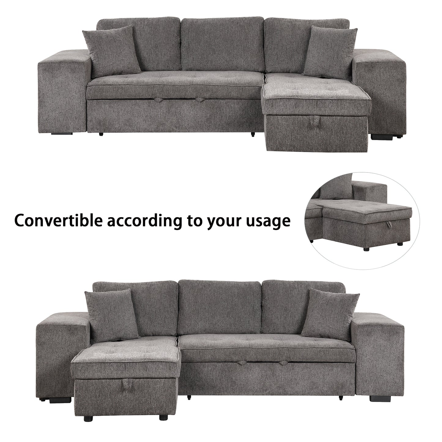 Modern L-Shape 3 Seat Reversible Sectional Sleeper Sofa with Storage Chaise and 2 Stools