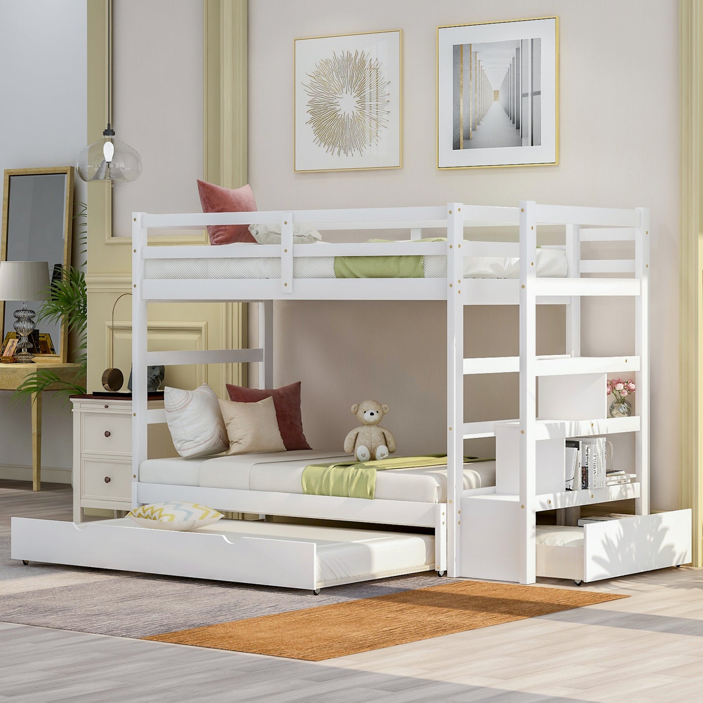 Convertible Storage Bunk Bed with Trundle, Stairs, and Versatile Design (White)