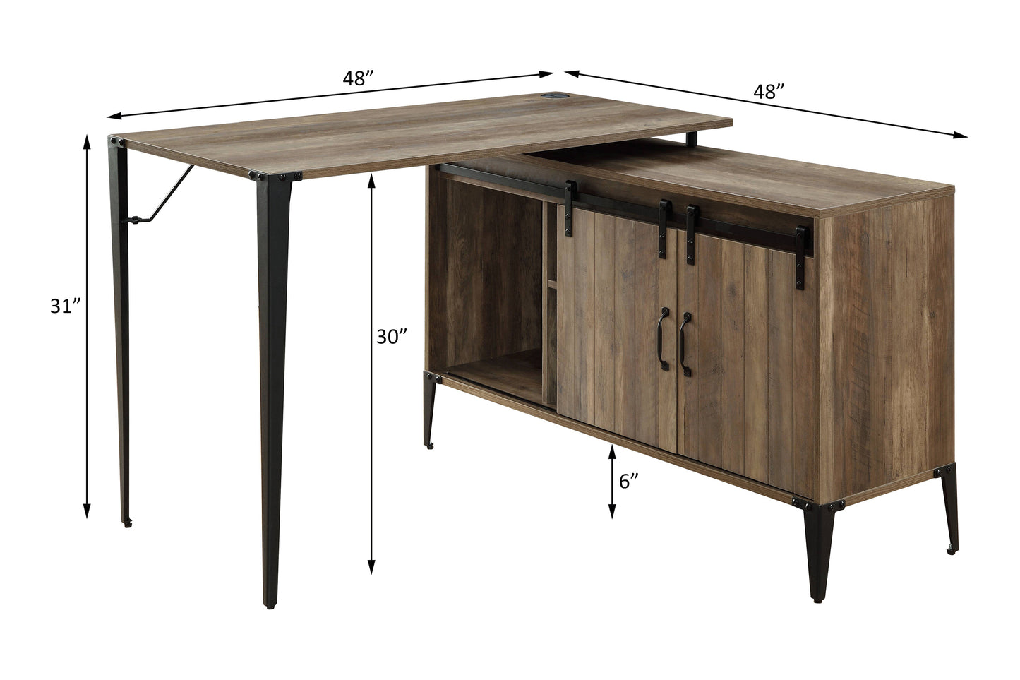 Rustic Oak Finish Industrial Writing Desk with Black Metal Accents & Storage Cabinet