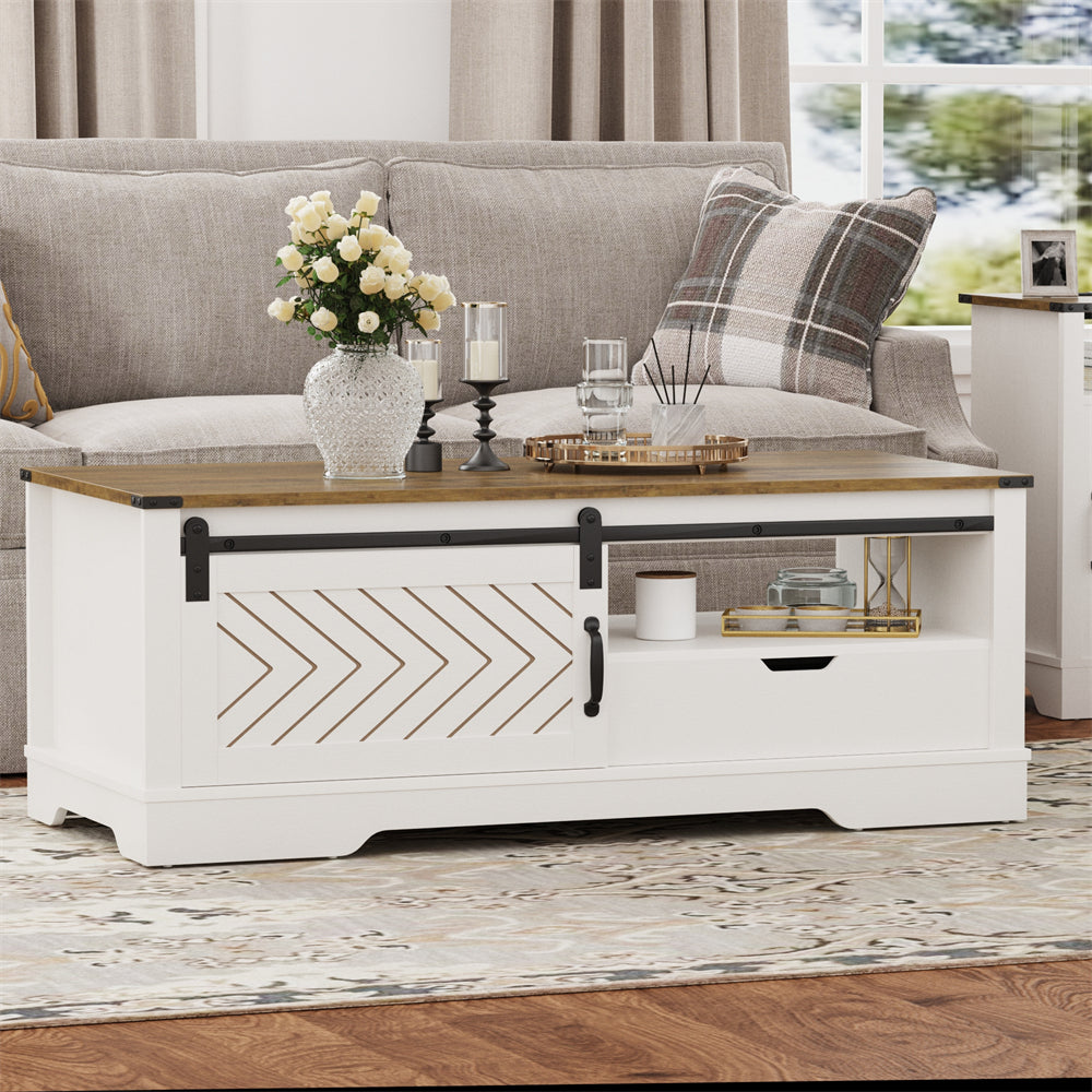 White Wood Coffee Table with Barn Door Storage and Modern Design