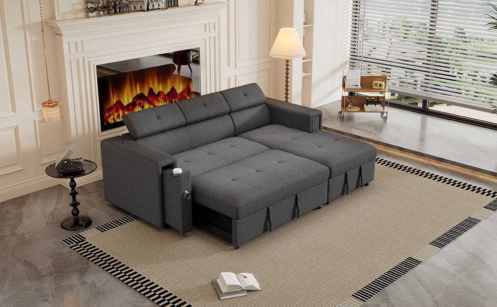 Versatile 96 L-Shape Sectional Sofa with Wireless Charging and Hidden Storage in Grey Linen