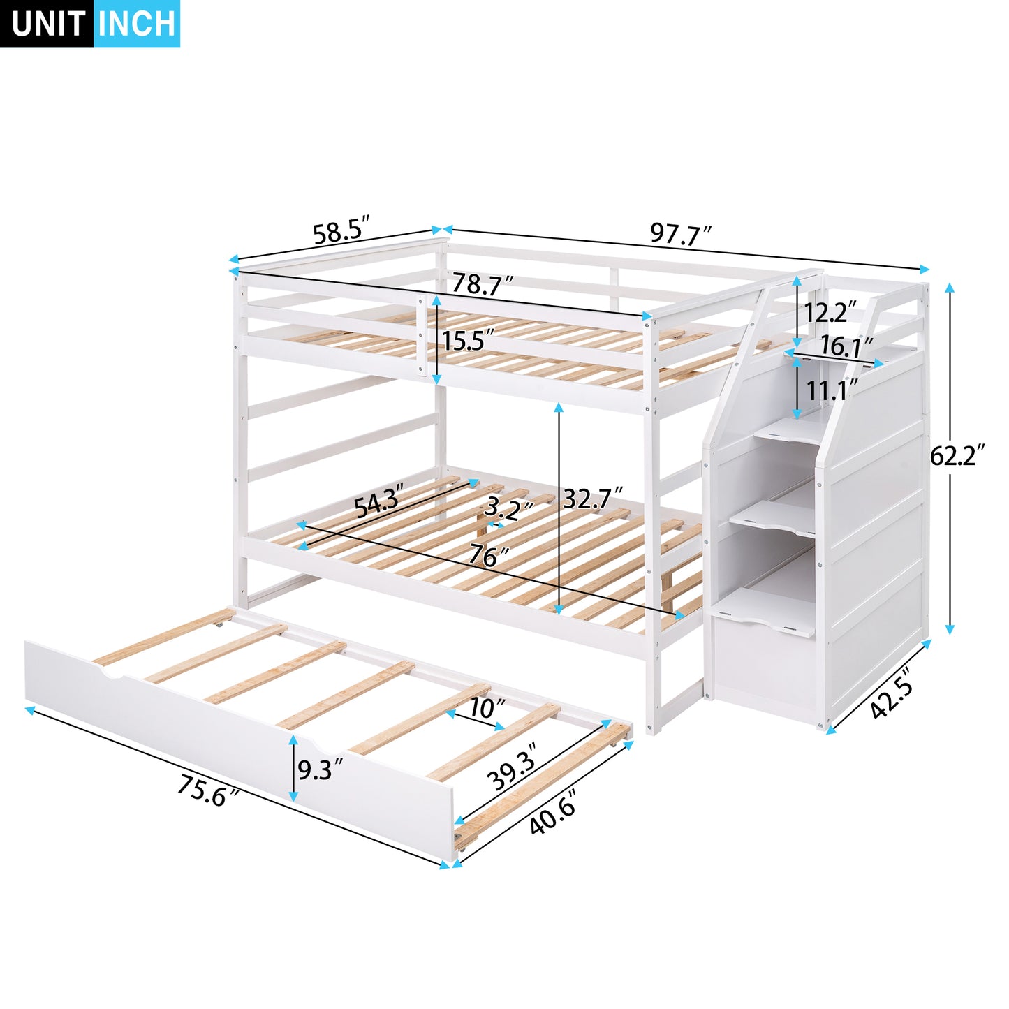 Elegant Full Bunk Bed with Trundle and Storage Stairs, White