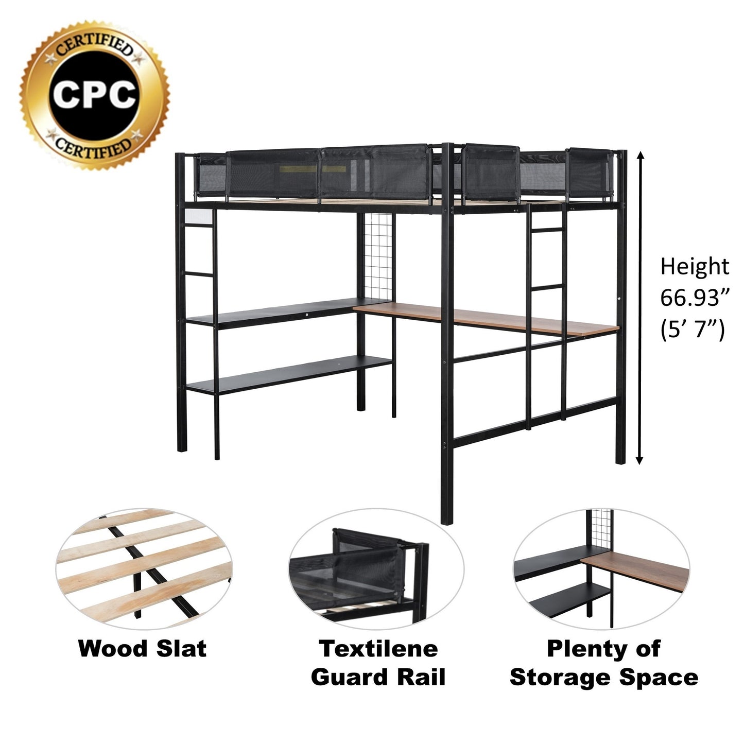 Metal Full Size Loft Bed with Desk & Shelves/ Sturdy Metal Bed Frame/ Noise-free Wood Slats/ Comfortable Textilene Guardrail/ Built-in Desk, 2-tier Shelves & Grid Panel/ 2 Side Ladders