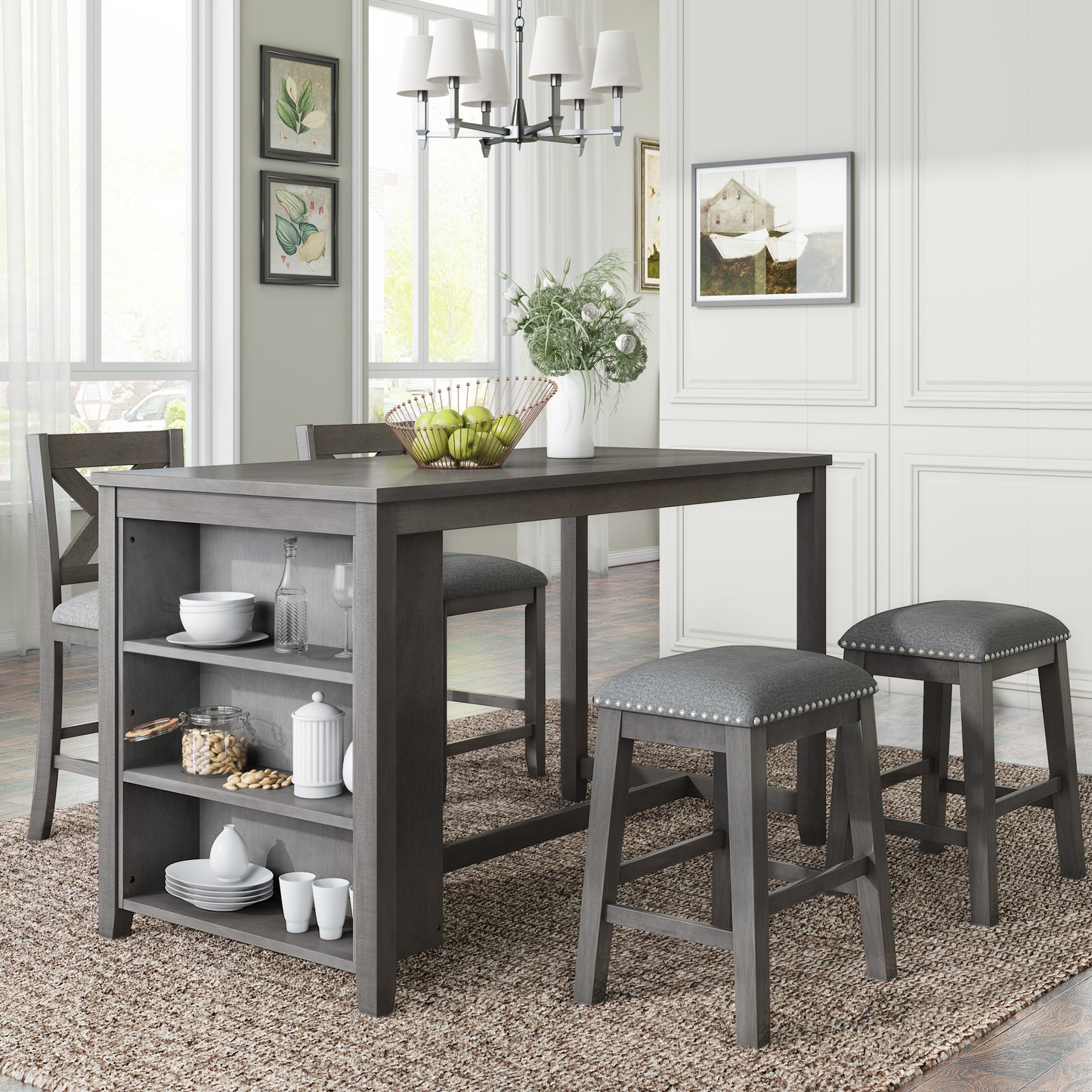 5 Pieces Counter Height Rustic Farmhouse Dining Room Wooden Bar Table Set with 2 stools and 2 Chairs, Gray