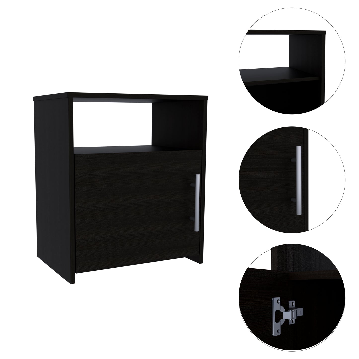 Nordico Nightstand, One Shelf, Single Door Cabinet, Metal Handle -Black