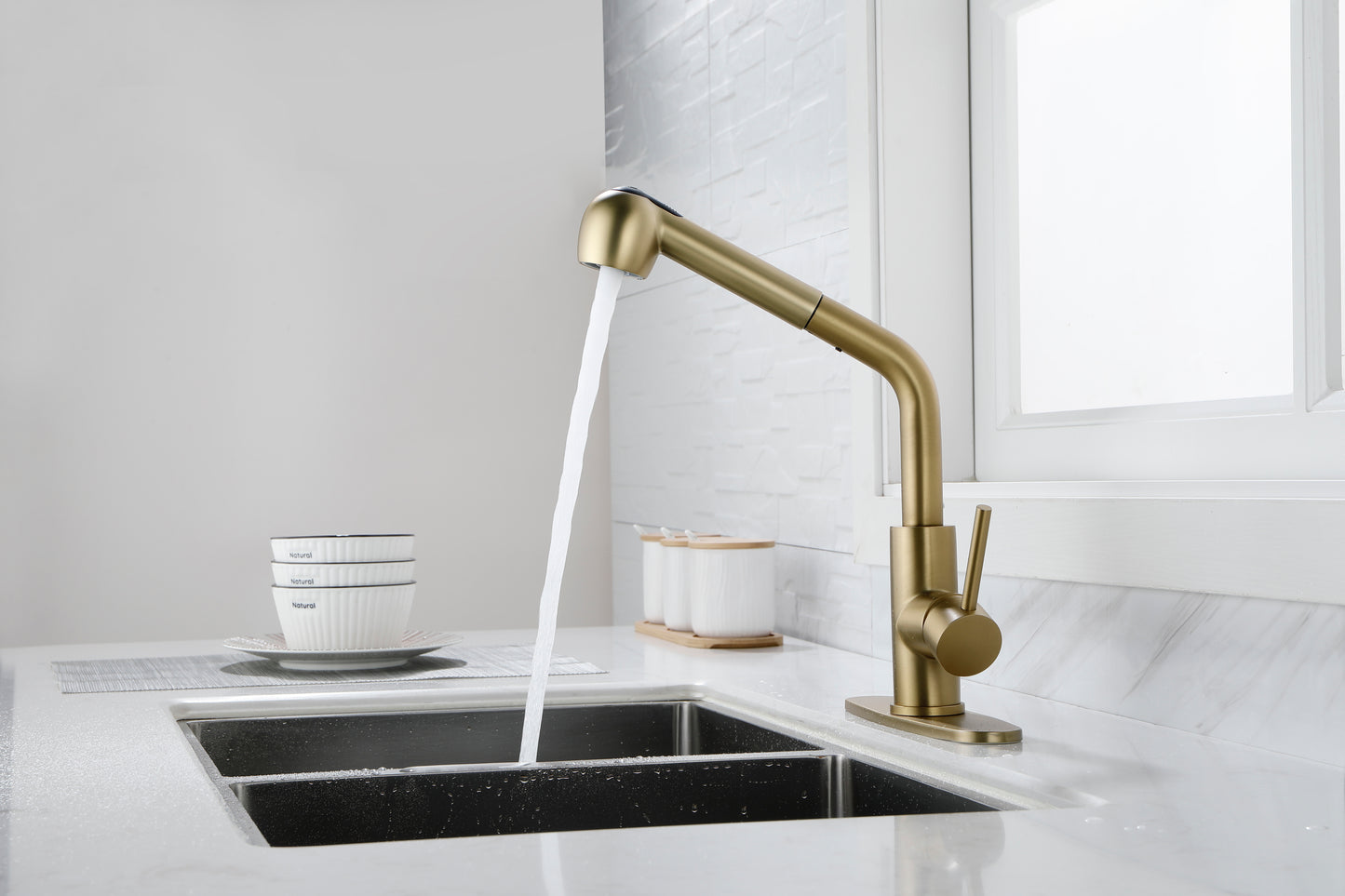 Utility Sink Faucets Single-Handle Pull-Out Laundry Faucet with Dual Spray Function in Stainless Spot Resistant  Gold