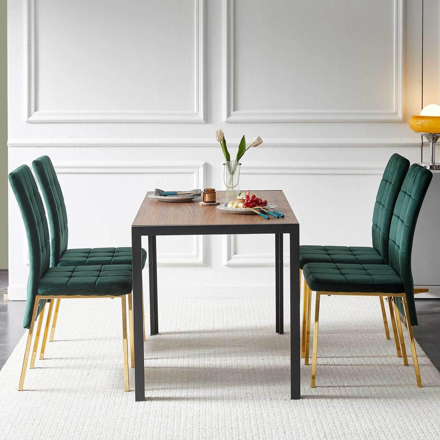 5-Piece Dining Set Including Green Velvet High Back Golden Color Legs Nordic Dining Chair & Creative Design MDF Dining Table