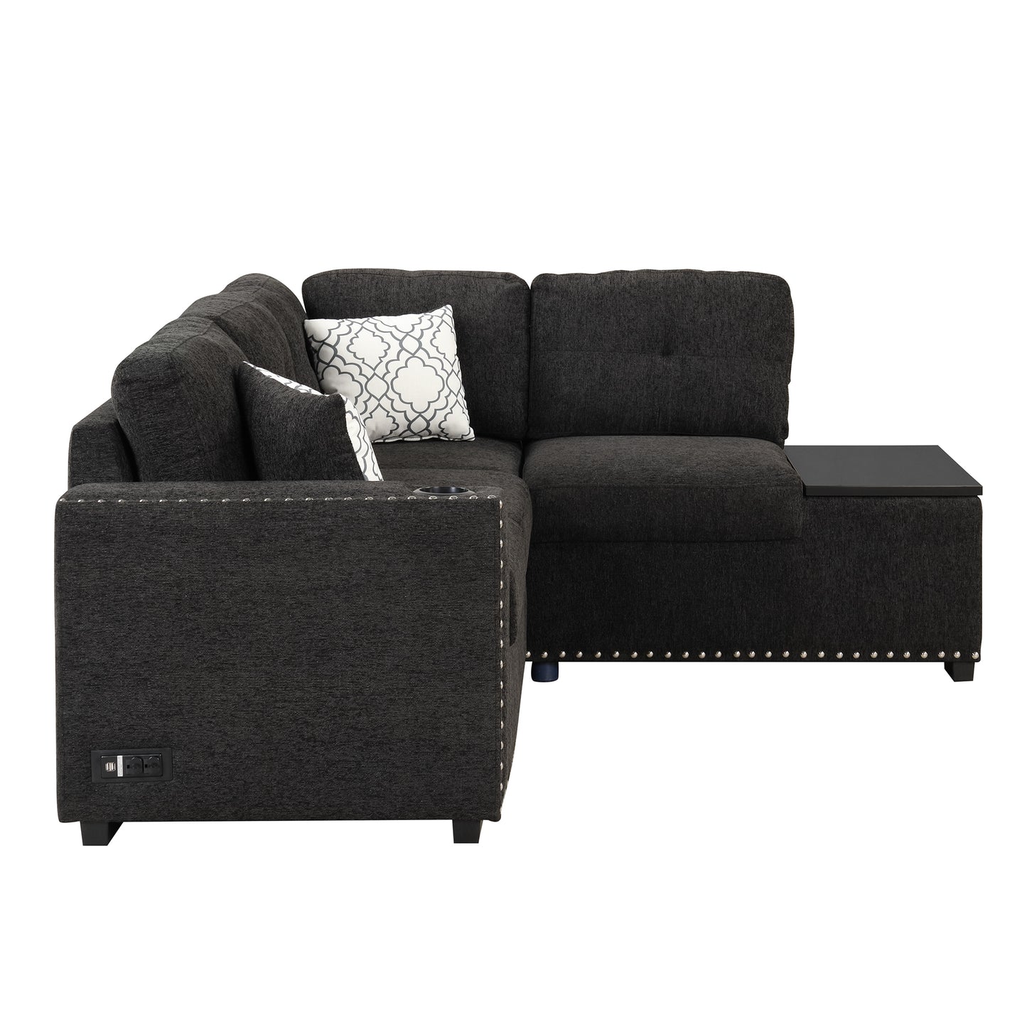 83.8 L-Shaped Reversible Sectional Sleeper Sofa with Cup Holder and USB Ports, Black