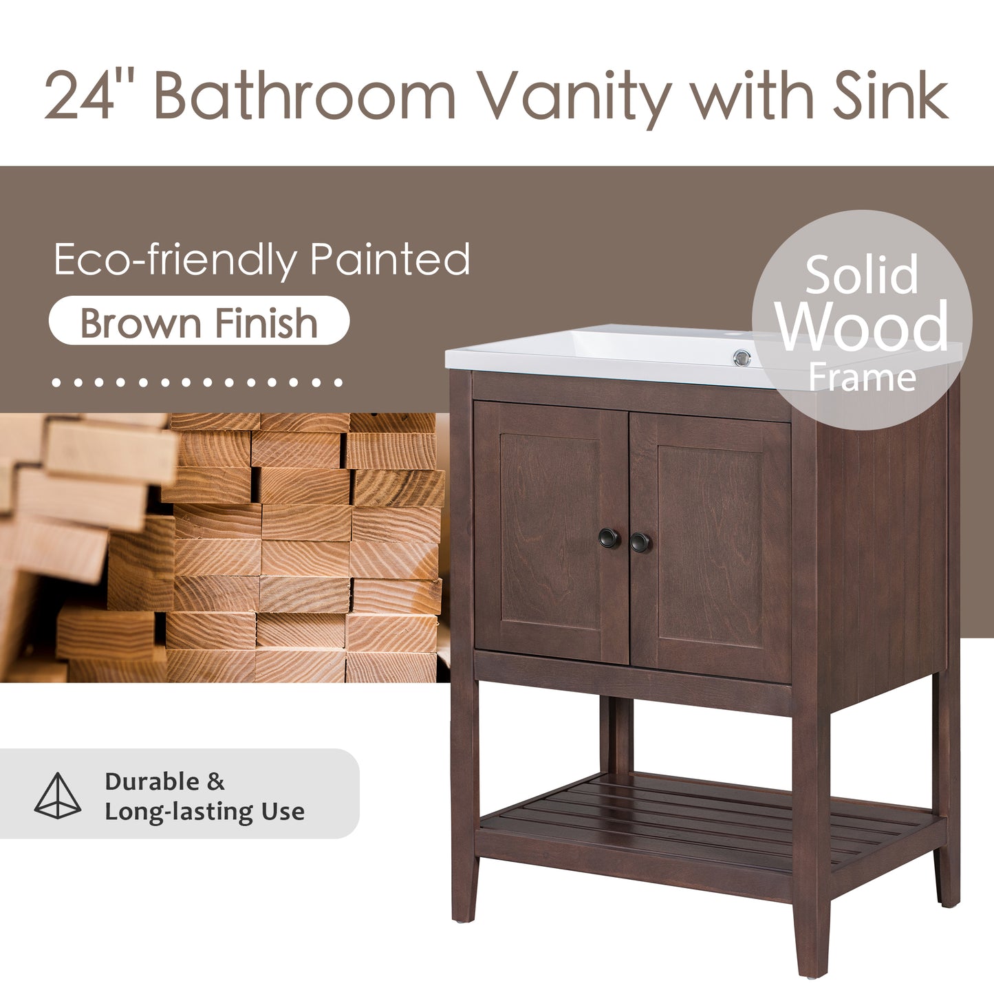 24" Brown Modern Sleek Bathroom Vanity Elegant Ceramic Sink with Solid Wood Frame Open Style Shelf