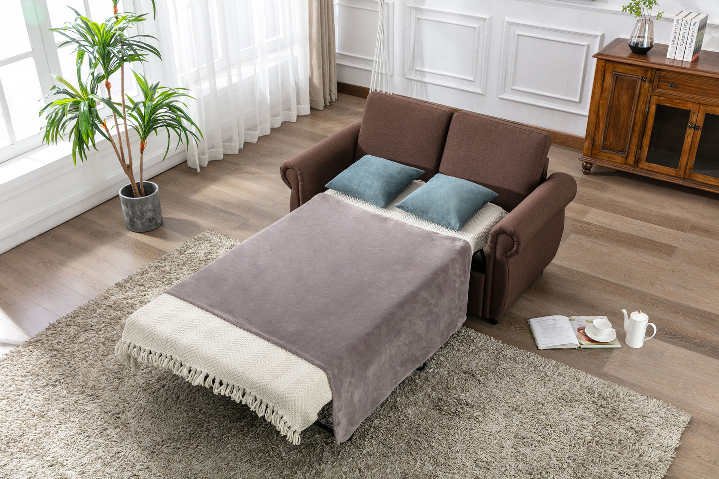 Orisfur Pull Out Loveseat Sleeper with Memory Foam Mattress, Brown