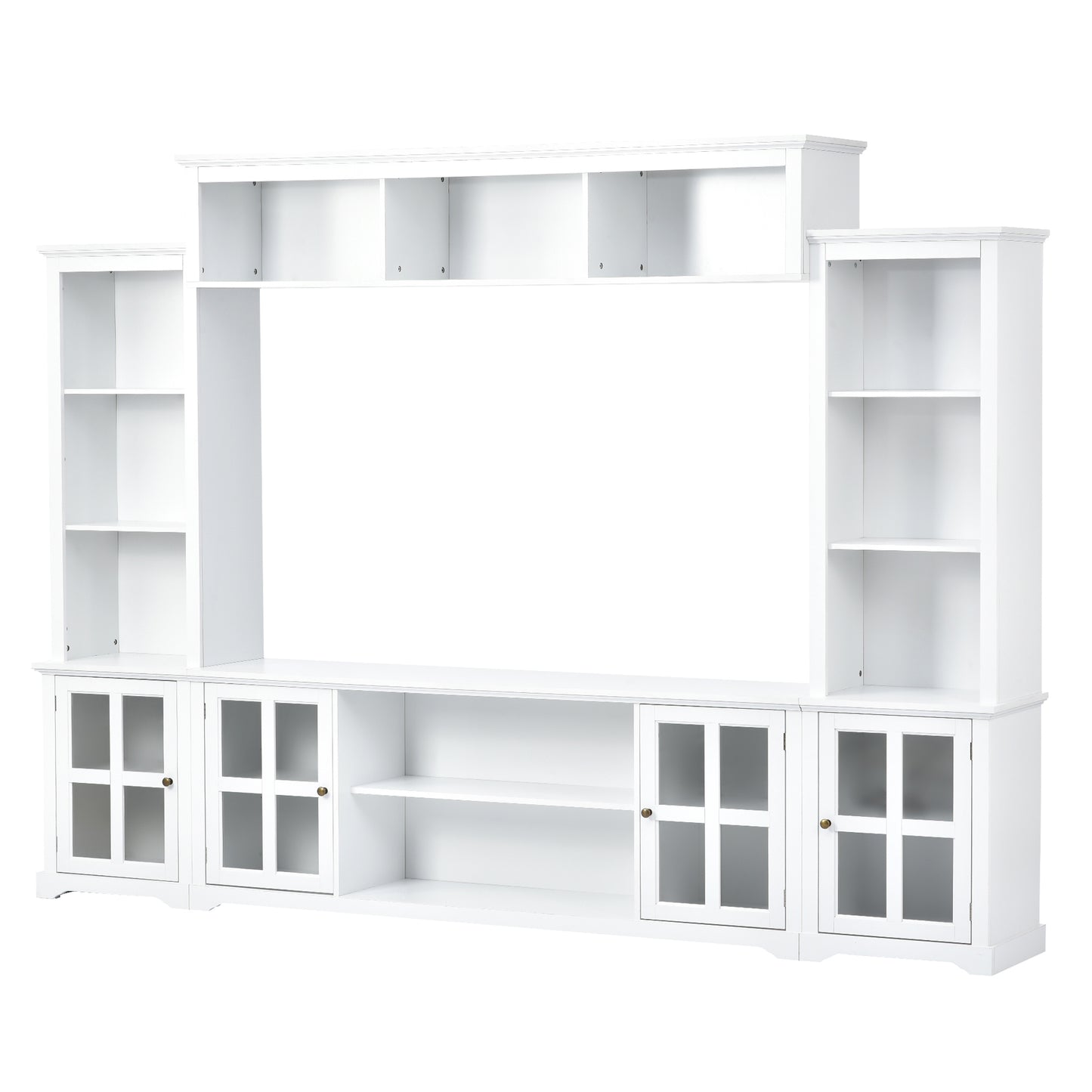 Modern White Entertainment Wall Unit with Bridge and Tempered Glass Door for TVs Up to 70