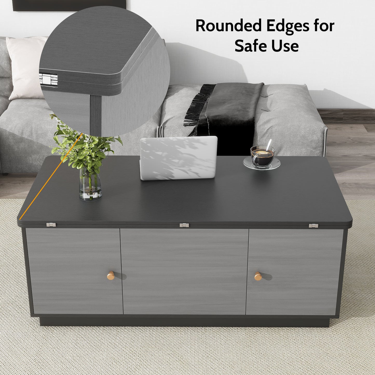 Extendable Lift-Top Coffee Table with Storage in Contemporary Gray