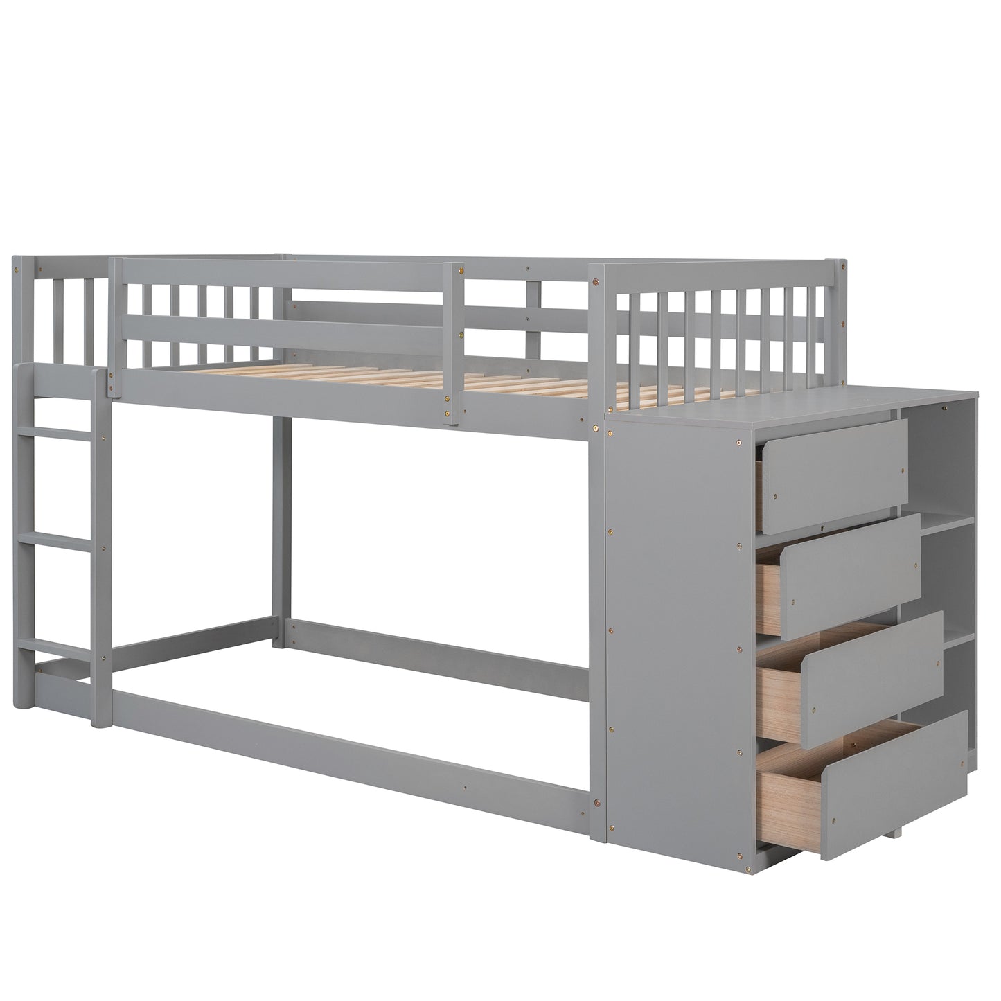 Space-Saving Gray Twin Bunk Bed with Storage and Built-in Shelves for Twin over Twin Configuration